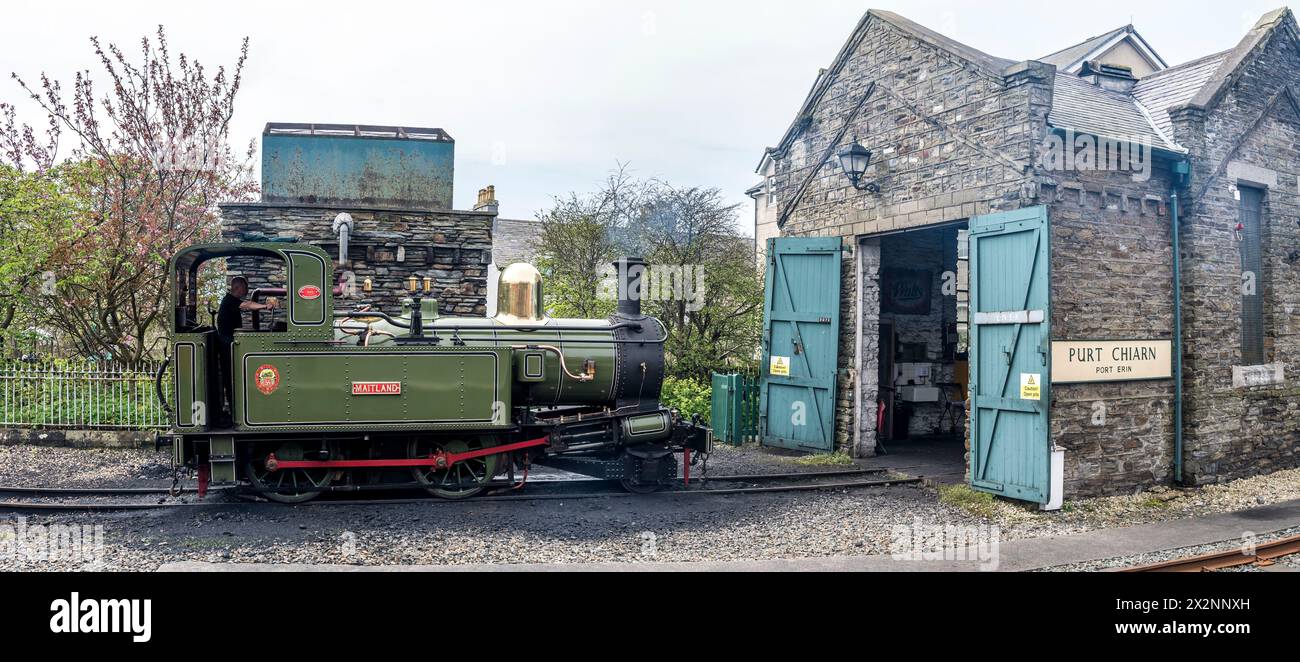 The image is of Maitland steam train that operates between Douglas and the coastal resort town of Port Erin on the southwestern tip of the Isle of Man Stock Photo