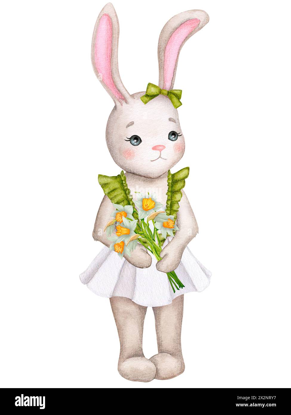 Cute bunny girl with a bouquet of flowers. Children's illustration. Hand drawn watercolor. Baby shower, Mother's day, Birthday, children's party. Clip Stock Photo