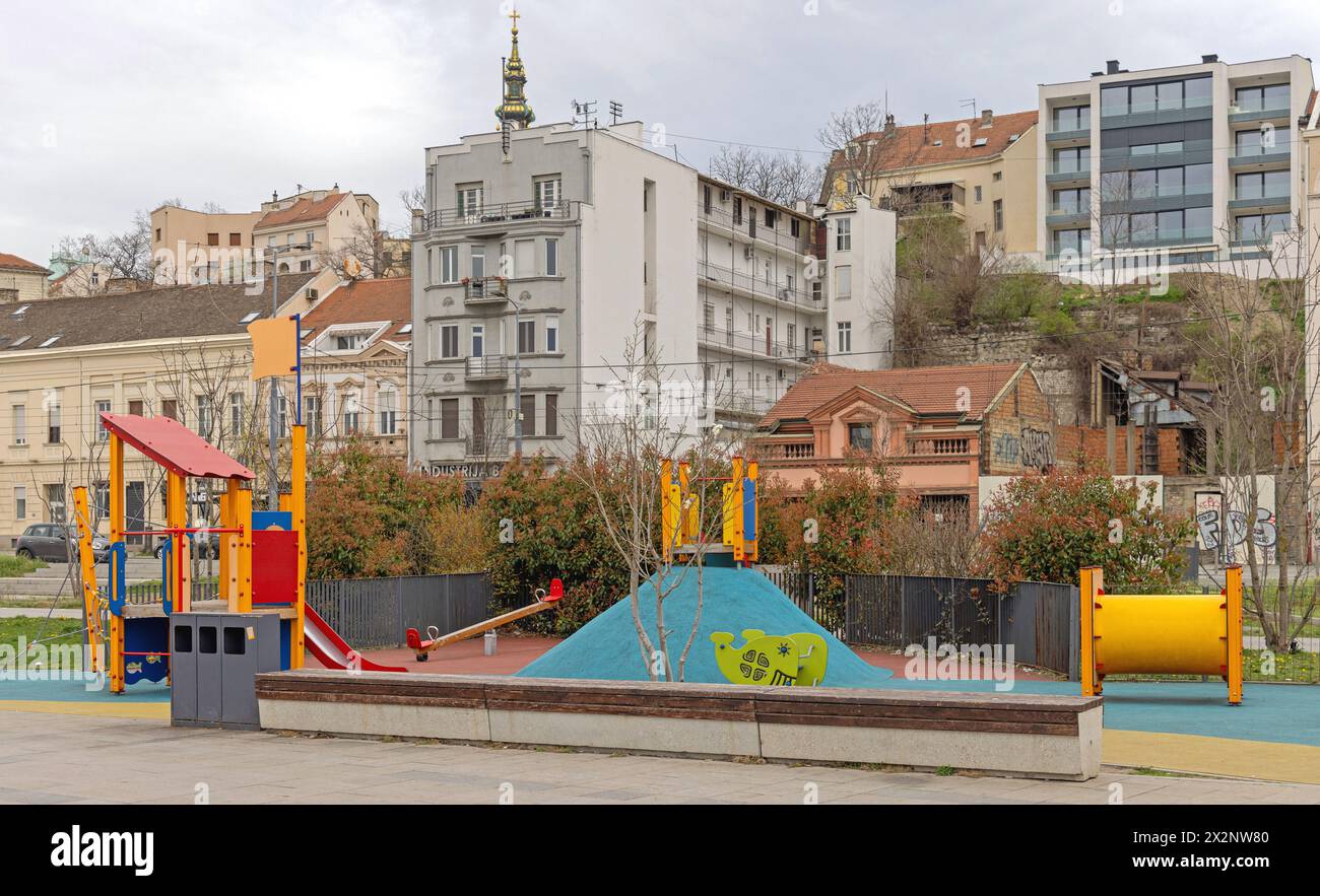 Belgrade, Serbia - March 11, 2024: Promaja Colourful Playground for Kids at Sava River Coast Old Town Autumn Day. Stock Photo