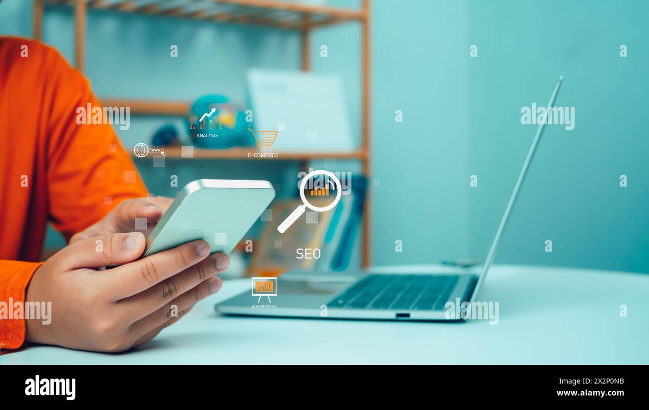 Businessman Search On Virtual Screen Data Search Technology Search Engine Optimization, Man use search engine to Searching for information, Using web Stock Photo