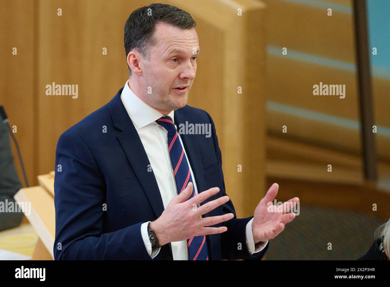 Edinburgh Scotland, UK 23 April 2024. Russell Findlay MSP at the Scottish Parliament for the Victims, Witnesses, and Justice Reform (Scotland) Bill.  credit sst/alamy live news Stock Photo