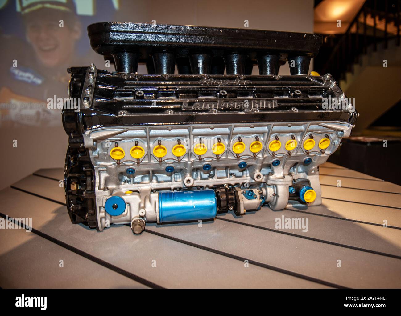 04/23/2024 Turin (Italy) The F1 engine prepared by Lamborghini Chrysler exhibited at Mauto in the 'Ayrton Senna Forever' exhibition Stock Photo