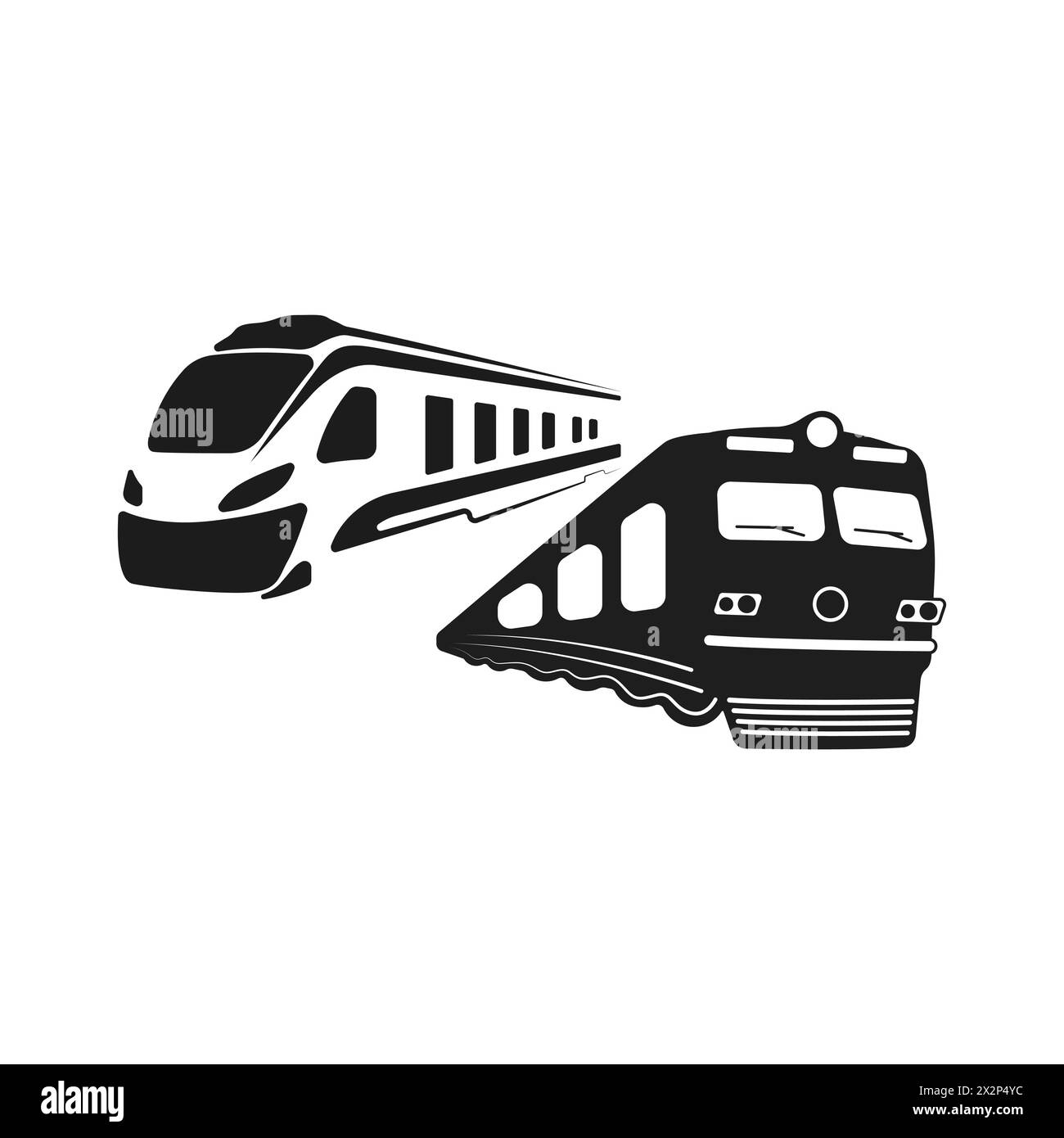Two train silhouettes for railway companies vector. Railroad logo vector icon. Crossing of trains vector. Movement of trains in different directions. Stock Vector