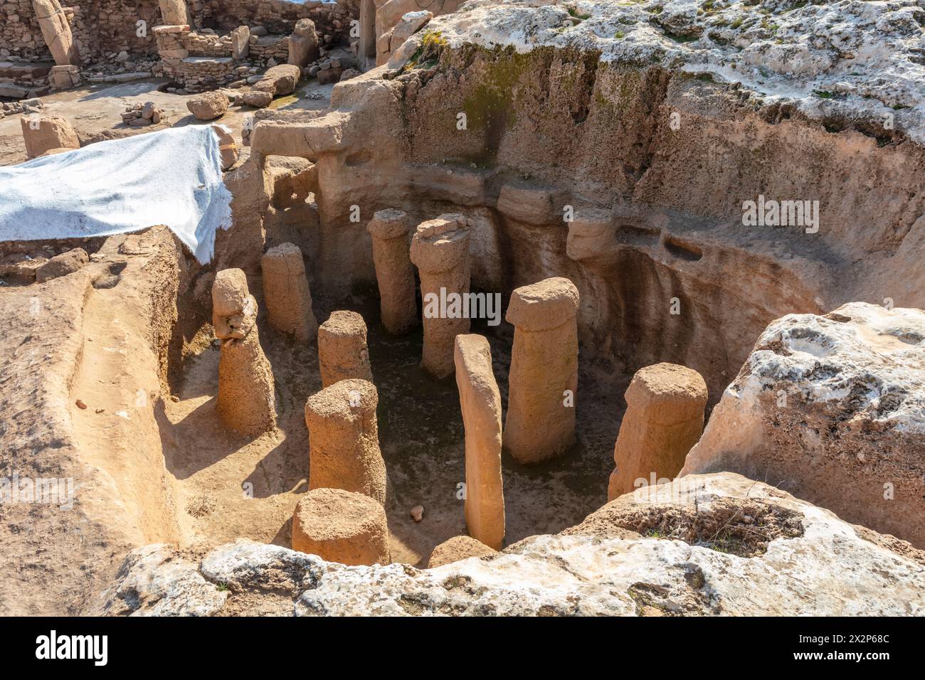 Neolithic T-shaped stones pillars in Karahantepe, Sanliurfa, Turkey Stock Photo