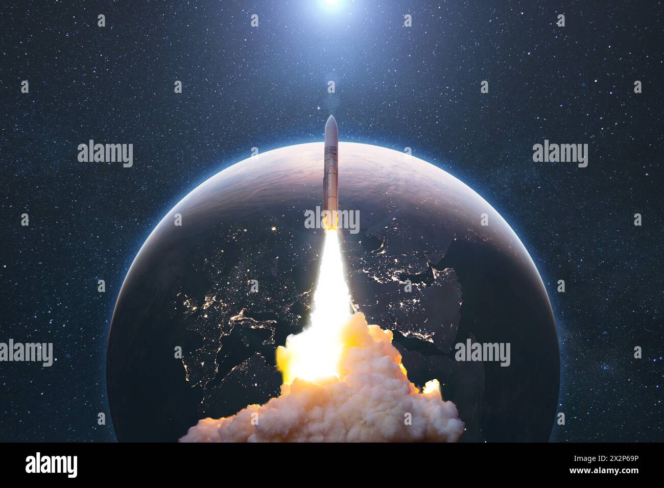 Space Rocket Lift Off Into Cosmos With Smoke And Blast On A Background Of The Blue Planet Earth. Spacecraft Flies In Space With A Starry Sky Near The Stock Photo
