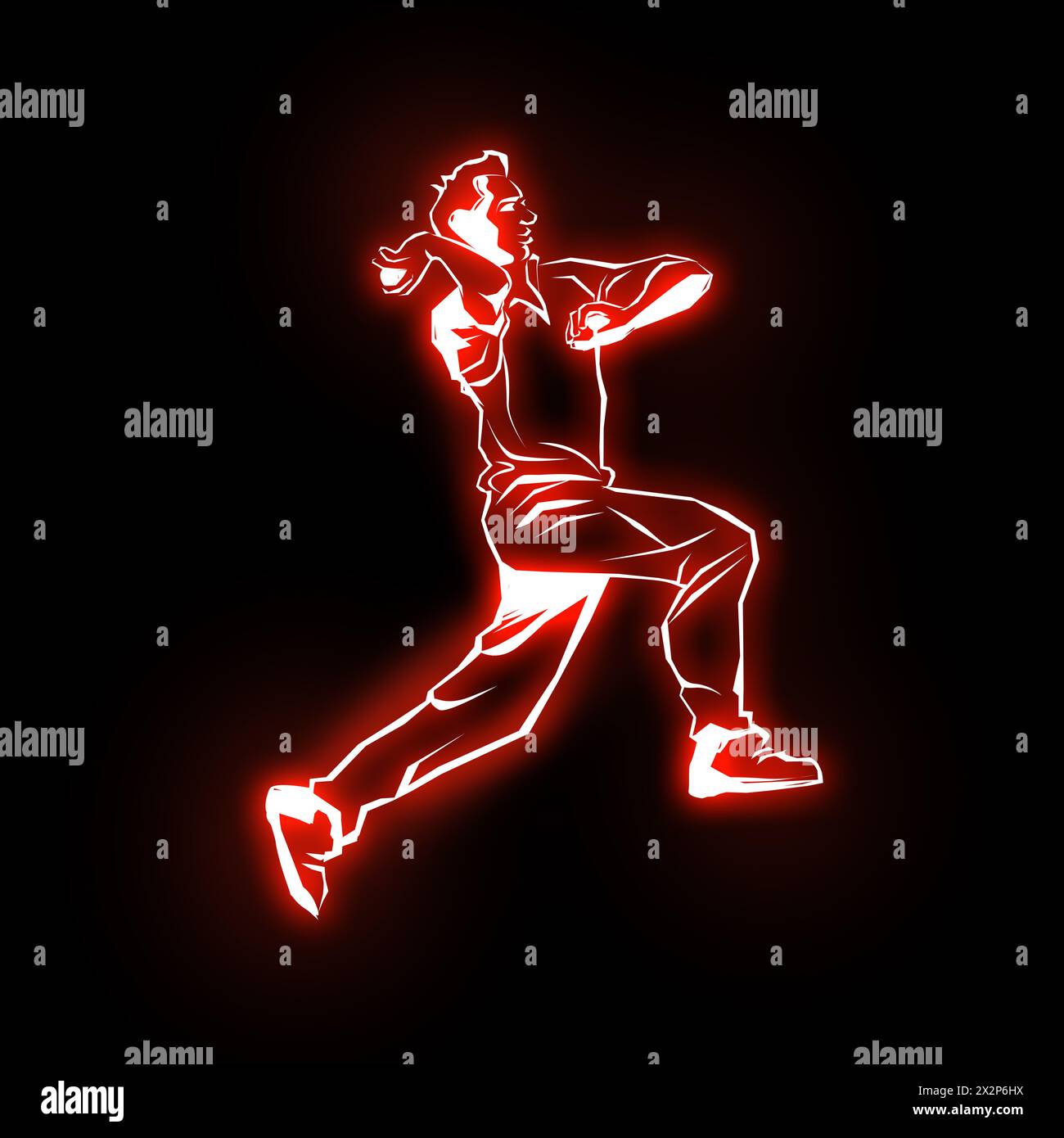 Bowler bowling in cricket championship sports. Cricket Fast Bowler, neon light effect, dark full dark background. cricket bowler in action. Neon glow Stock Photo