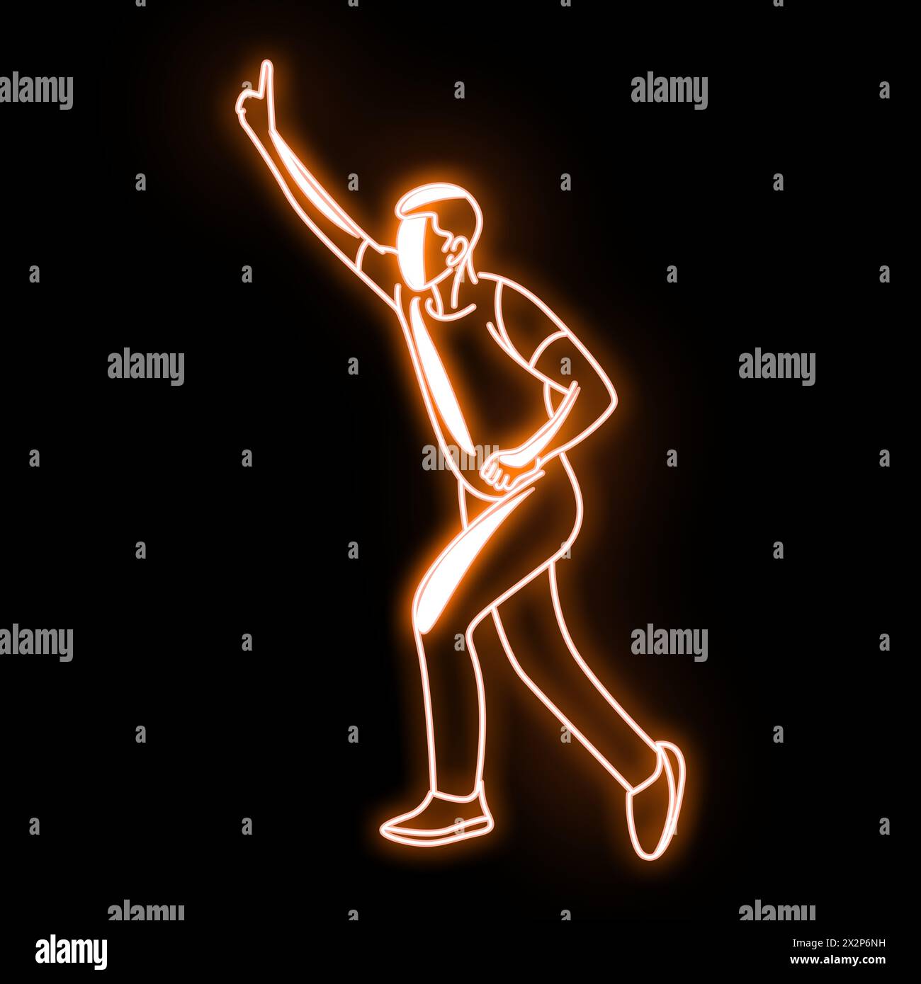 Bowler bowling in cricket championship sports. Cricket Fast Bowler, neon light effect, dark full dark background. cricket bowler in action. Neon glow Stock Photo