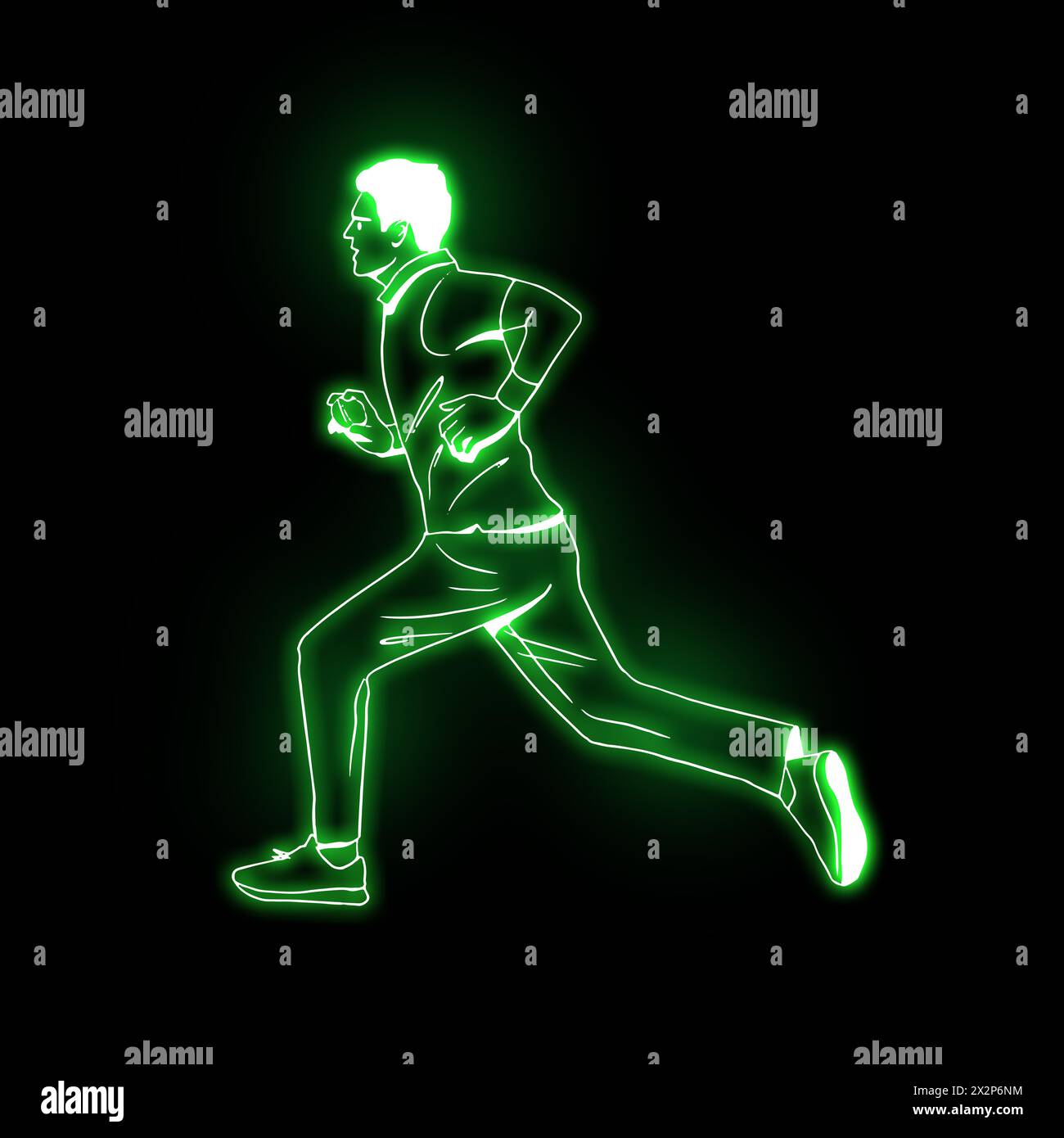 Bowler bowling in cricket championship sports. Cricket Fast Bowler, neon light effect, dark full dark background. cricket bowler in action. Neon glow Stock Photo