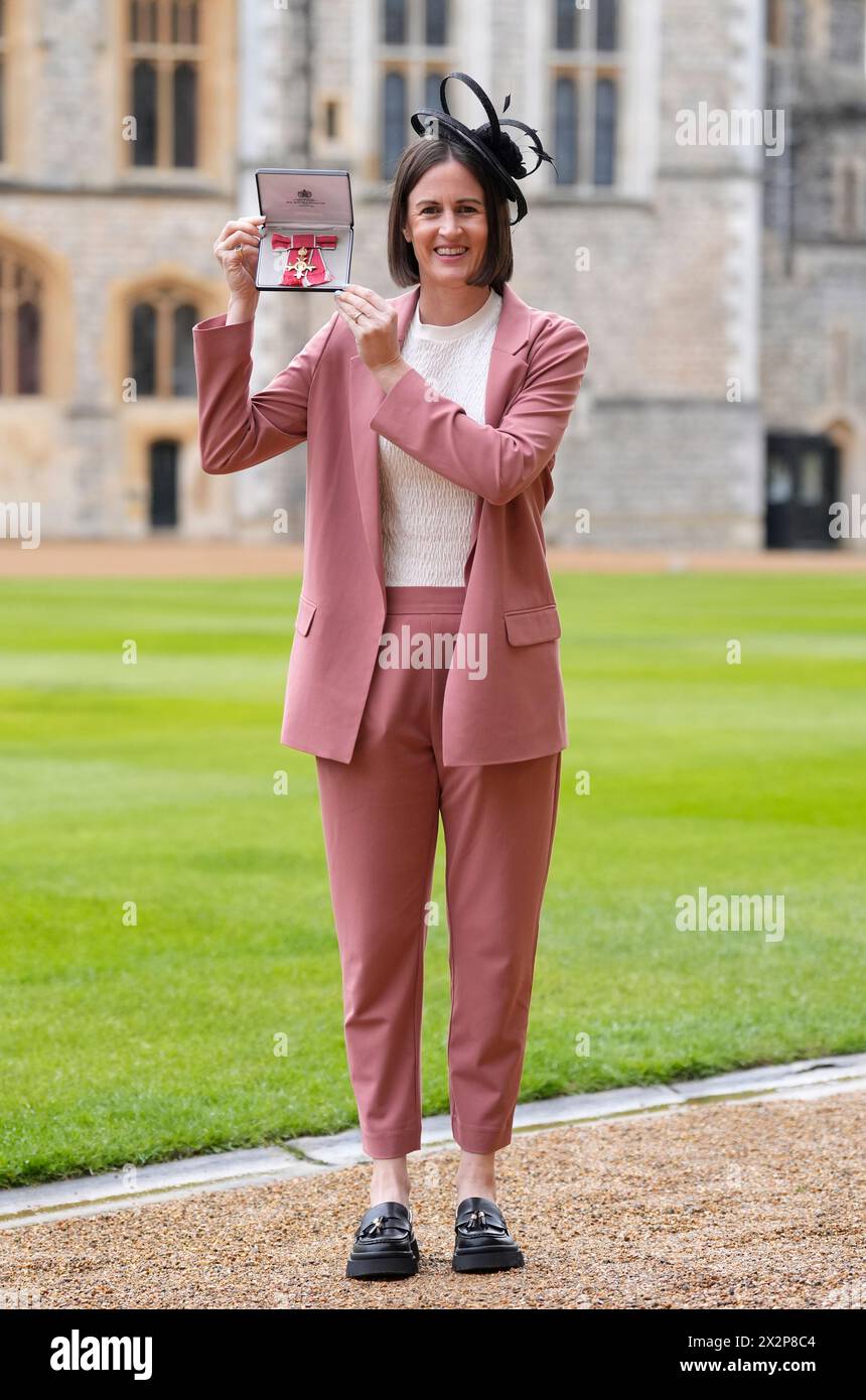 Lydia Greenway, after being made an Officer of the Order of the British Empire (OBE) by the Princess Royal during an investiture ceremony at Windsor Castle, Berkshire. Picture date: Tuesday April 23, 2024. Stock Photo