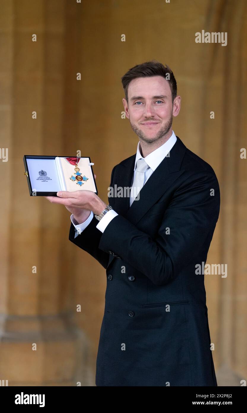 Stuart Broad, after being made a Commander of the Order of the British Empire (CBE) by the Princess Royal during an investiture ceremony at Windsor Castle, Berkshire. Picture date: Tuesday April 23, 2024. Stock Photo