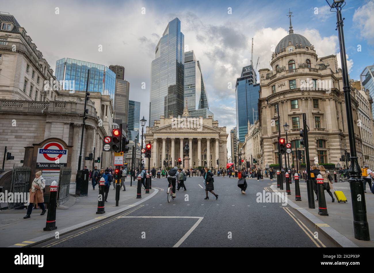 London, UK City of London near Bank Station. View towards the Royal