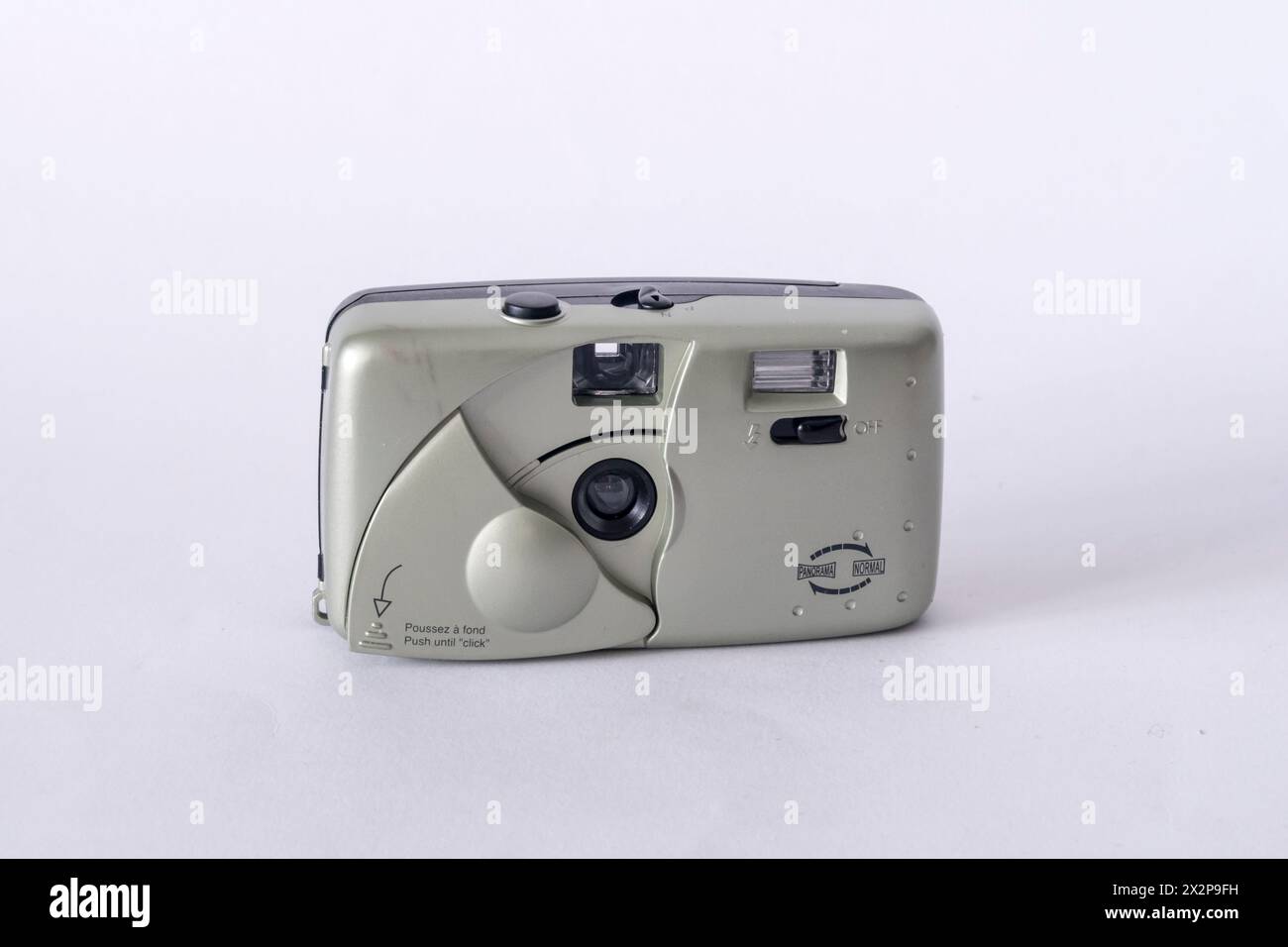 A point and shoot 35mm film camera offering a choice between normal pictures and panoramas Stock