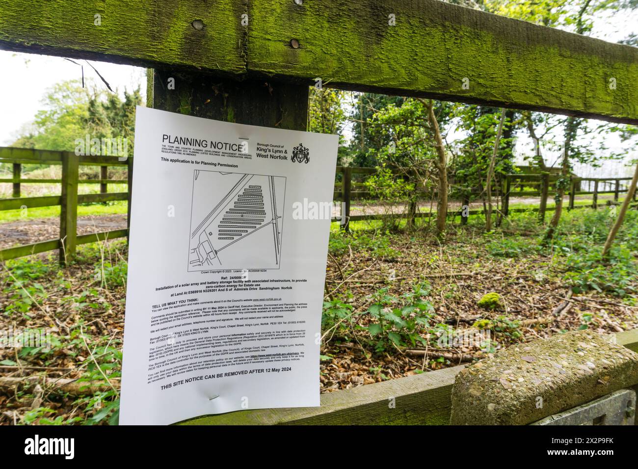 Planning notice on land forming part of the Royal Sandringham estate for the installation of a solar array. Stock Photo