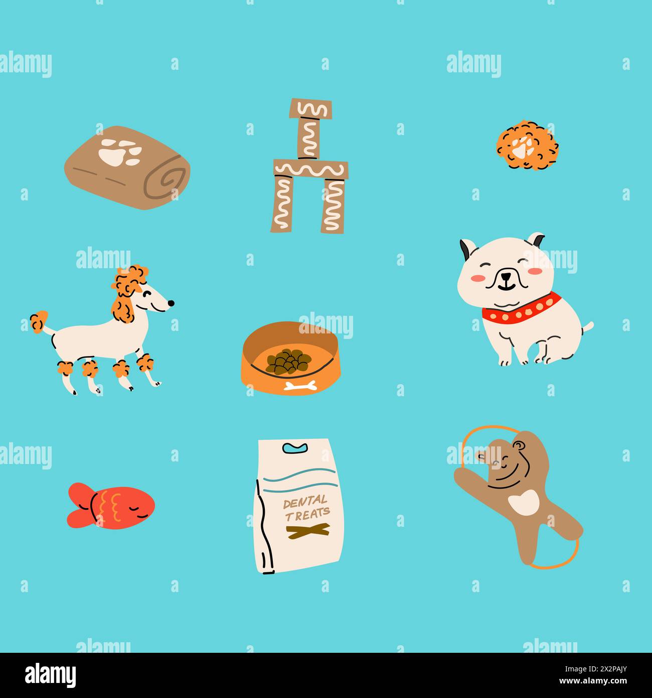 Dog and supplies, food and toys, vector illustration Stock Vector