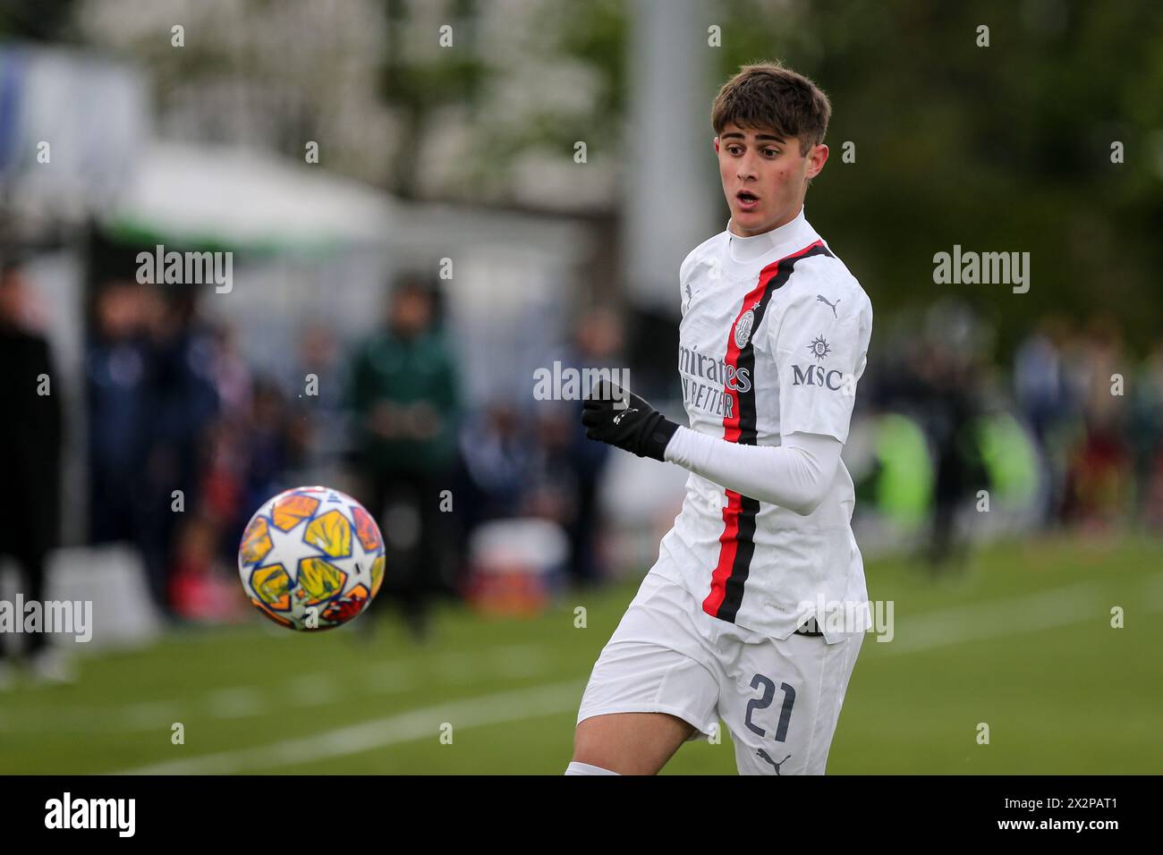 Nyon, Switzerland, 22st April, 2024. Mattia Liberali during the match between Olympiacos and Milan for UEFA Youth League Final at Colovray Sports Cent Stock Photo