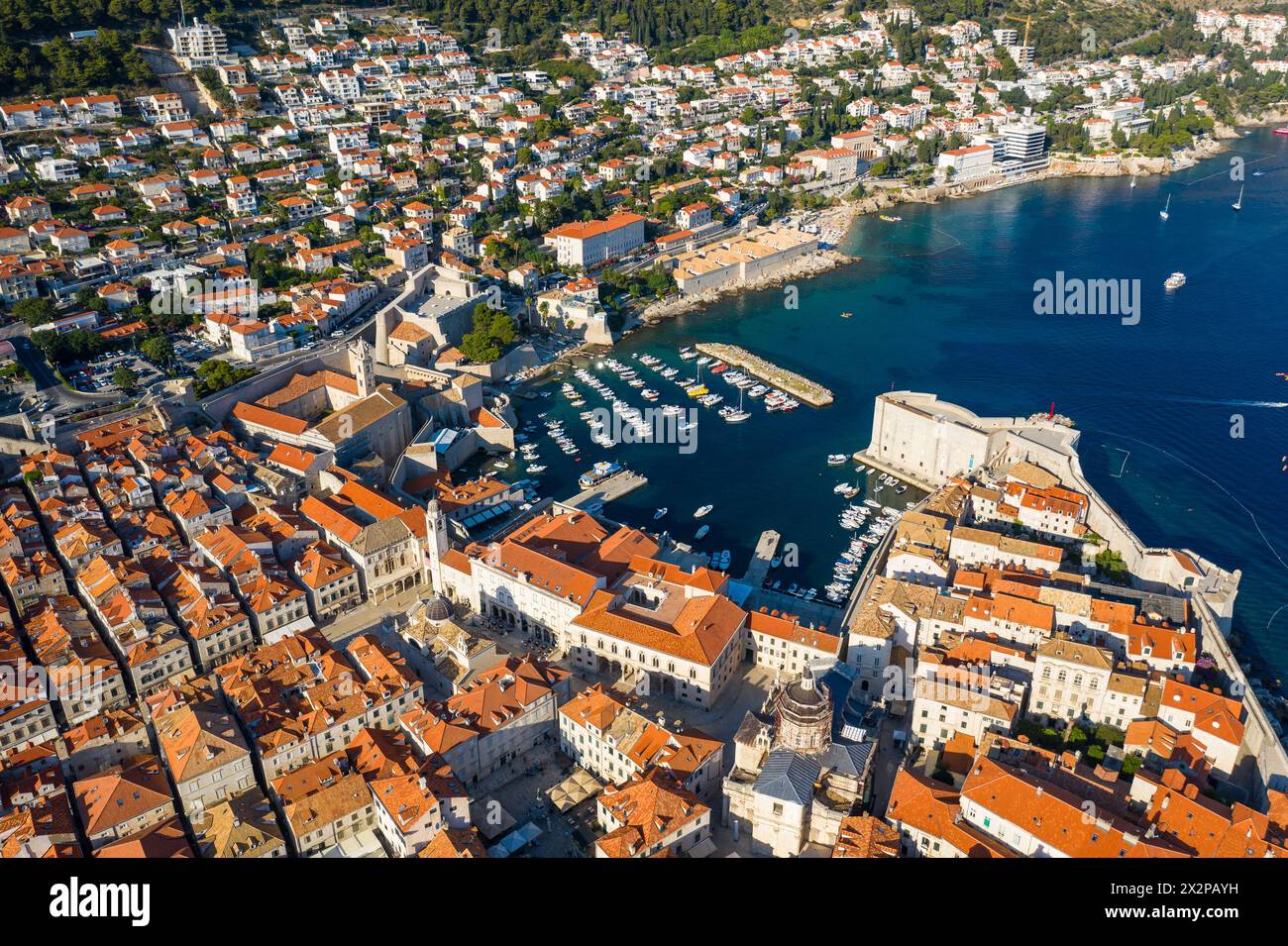 Dubrovnik, Croatia: Aerial of the famous Dubrovnik medieval old town port and The Cathedral of the Assumption of the Virgin Mar  by the Adriatic sea o Stock Photo