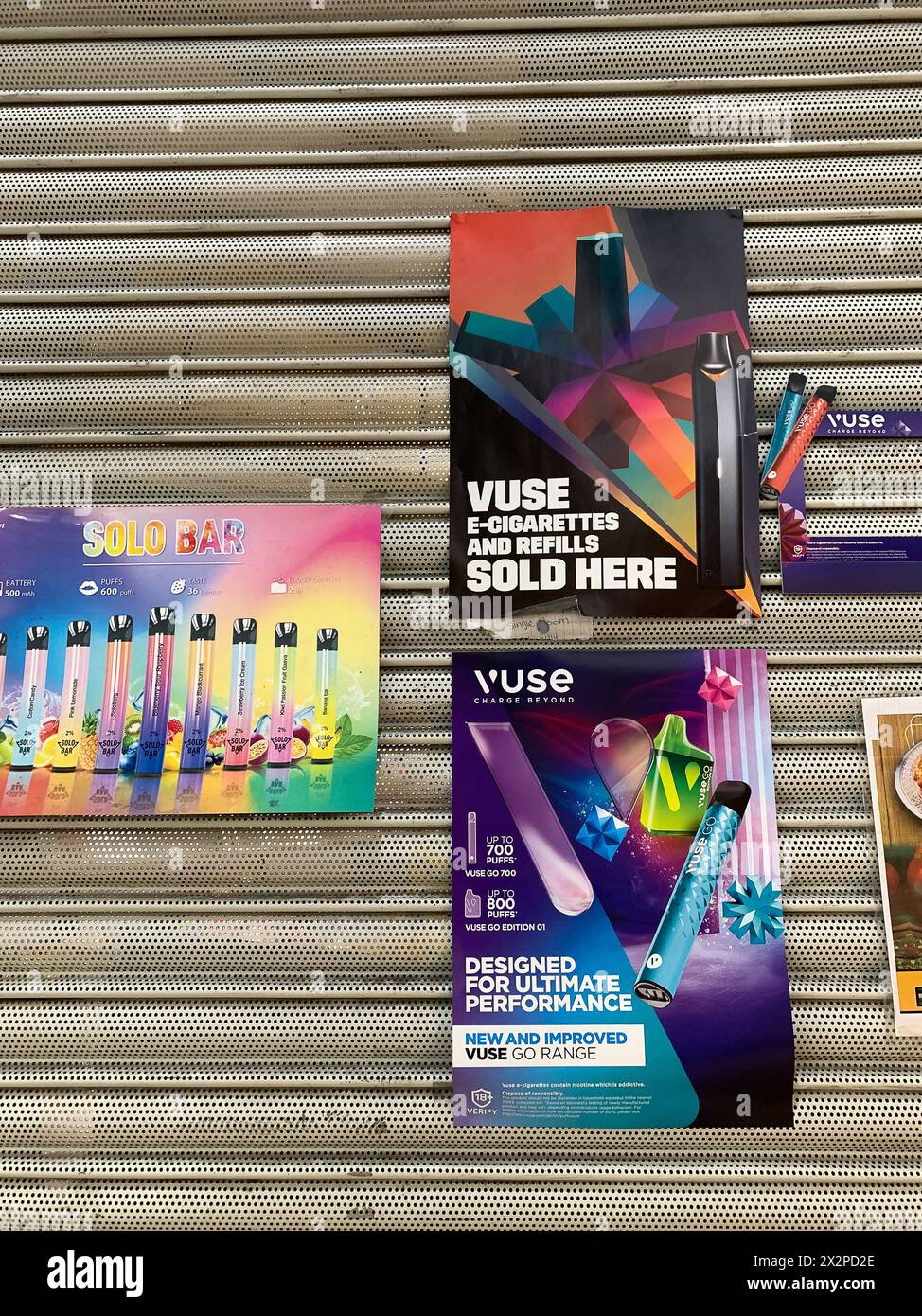 Slough, UK. 23rd April, 2024. Adverts for vapes at a newsagents in Slough, Berkshire. The sale of disposable vapes is to be banned in England. According to the Department for Education 'The number of children using vapes has tripled in the last three years and there is strong evidence to suggest that cheap and easy-to-use disposable vapes are partly to blame. Our research shows that in 2023, around 69 per cent of vapers aged 11 to 17 in Great Britain were using disposable vapes, up from 7.7 percent in 2021. This is extremely worrying given the unknown long-term health impacts and the addictive Stock Photo