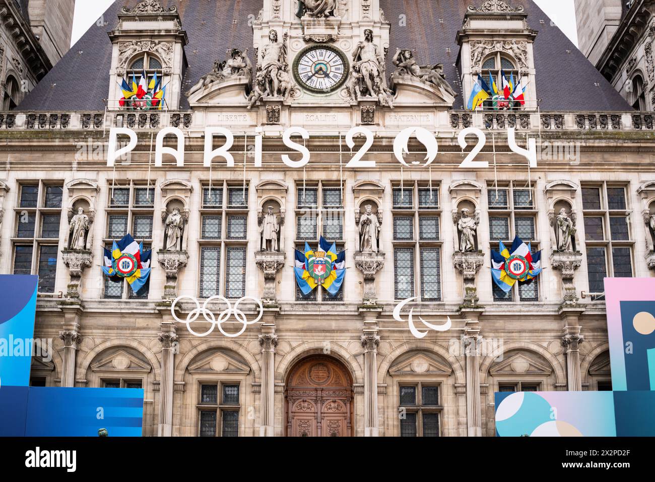 Decoration of the facade of the City Hall for the Olympic Games Stock Photo