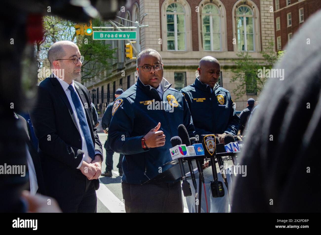 New York, USA. 22nd Apr, 2024. NYPD Deputy Commissioner of Operations Kaz Daughtry addresses the media at a press conference across from Columbia University in Manhattan, NY on April 22, 2024. NYPD officials held the press conference to address the NYPD's role in responding to the ‘Gaza Solidarity Encampment' on the Columbia campus. (Photo by Katie Smith/Sipa USA) Credit: Sipa USA/Alamy Live News Stock Photo