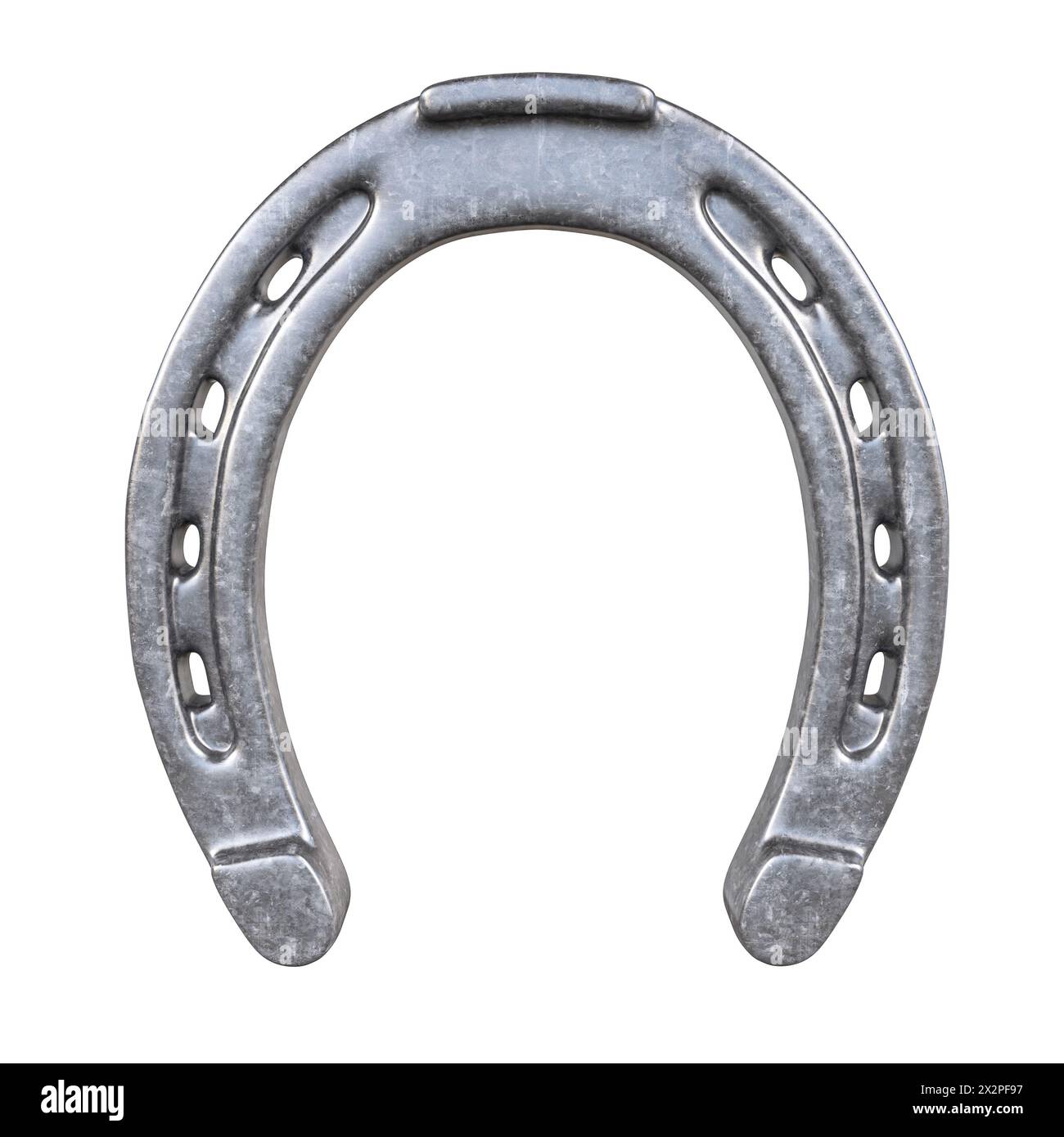 Shiny metal horseshoe with detailed texture isolated on a white backdrop. 3d render Stock Photo