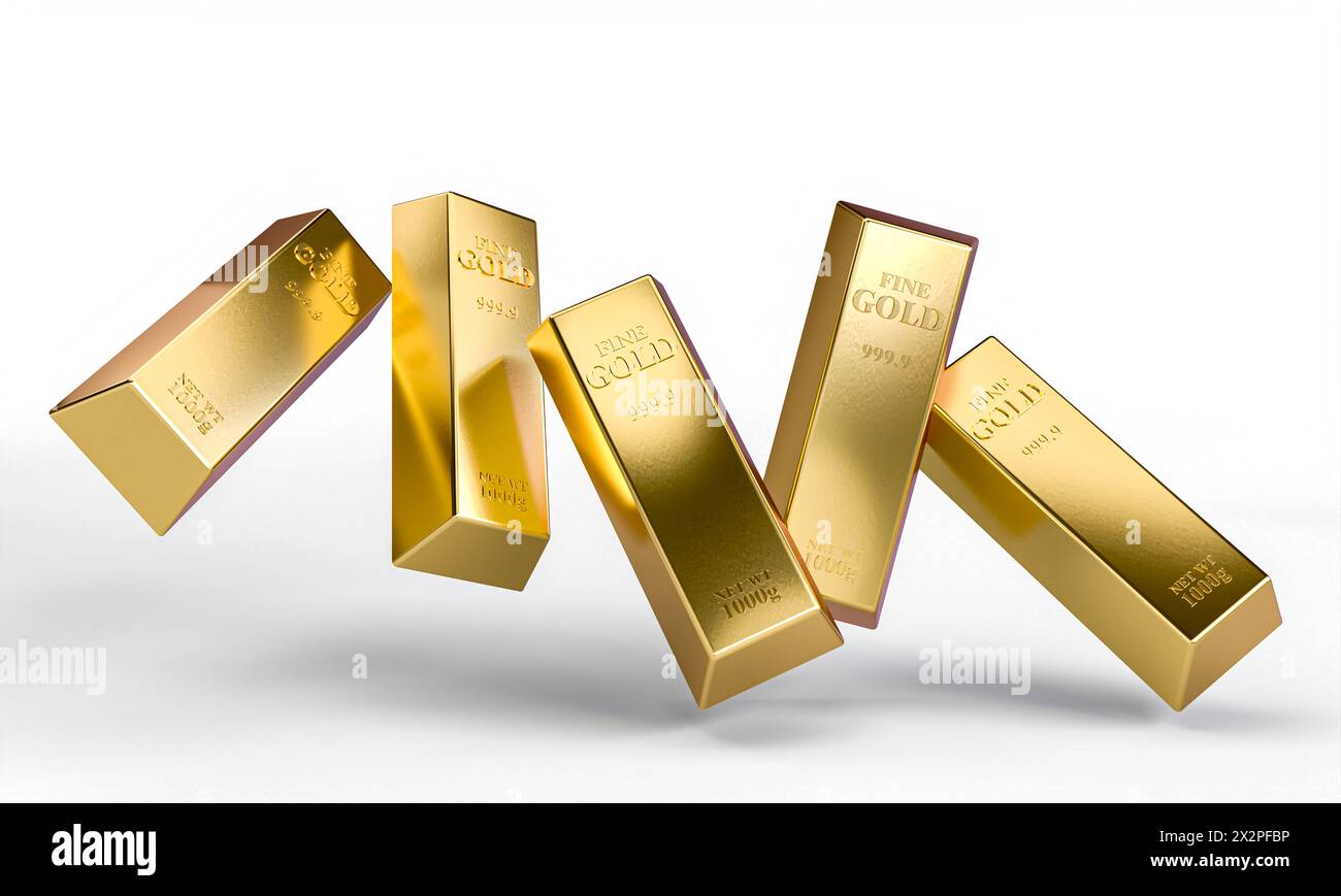 Conceptual image of golden ingots tipping over on an isolated white backdrop, 3d render Stock Photo