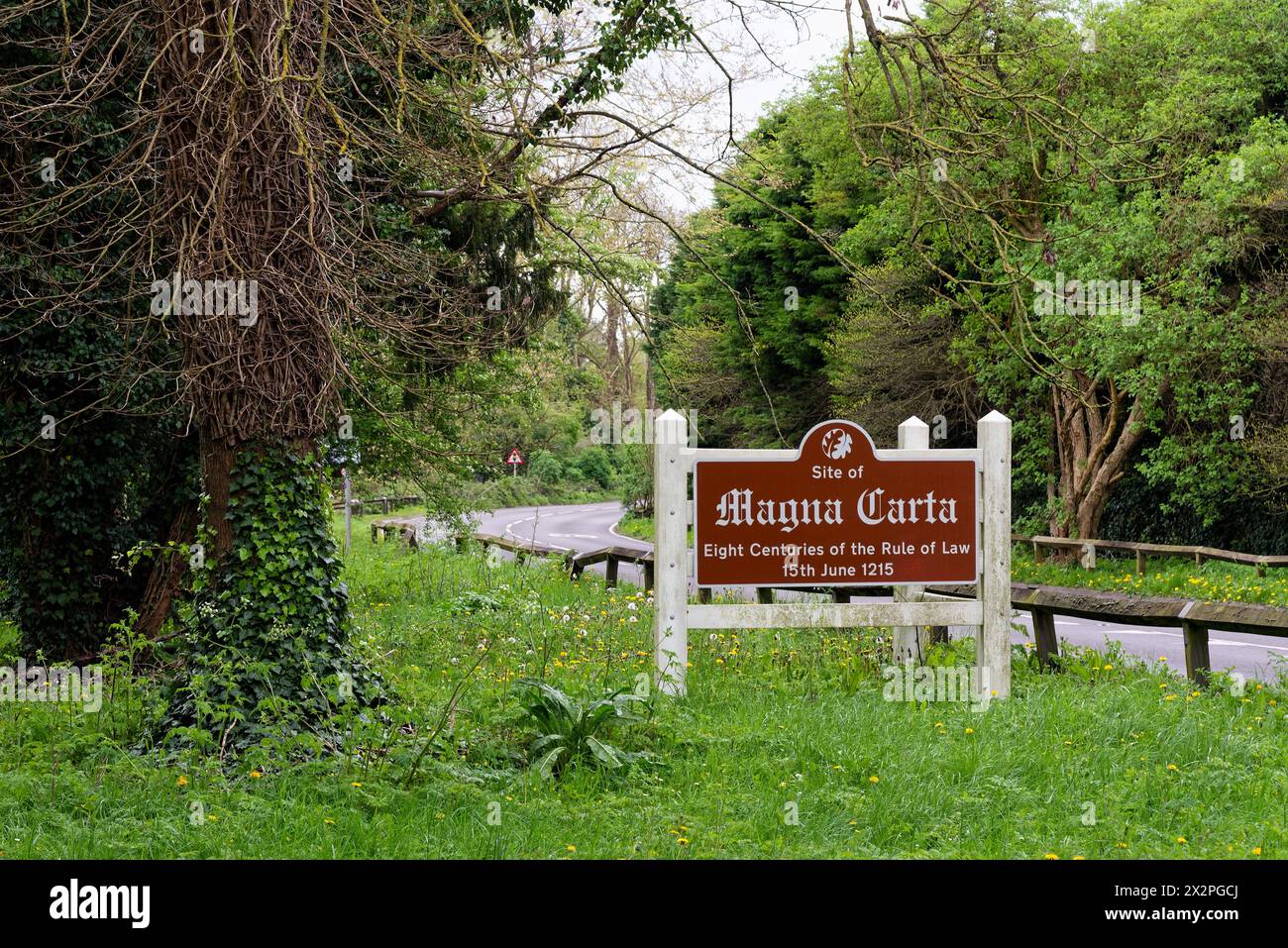 A large road sign informing the public of  the approach to the historical site of Magna Carta fields at Runnymede, Surrey England UK Stock Photo