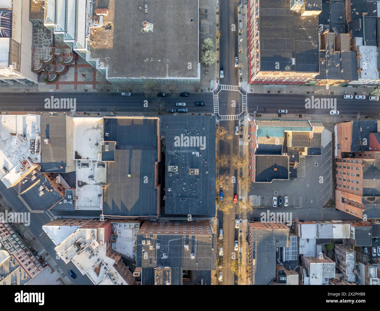 Late afternoon spring aerial view of downtown Troy, NY located on the