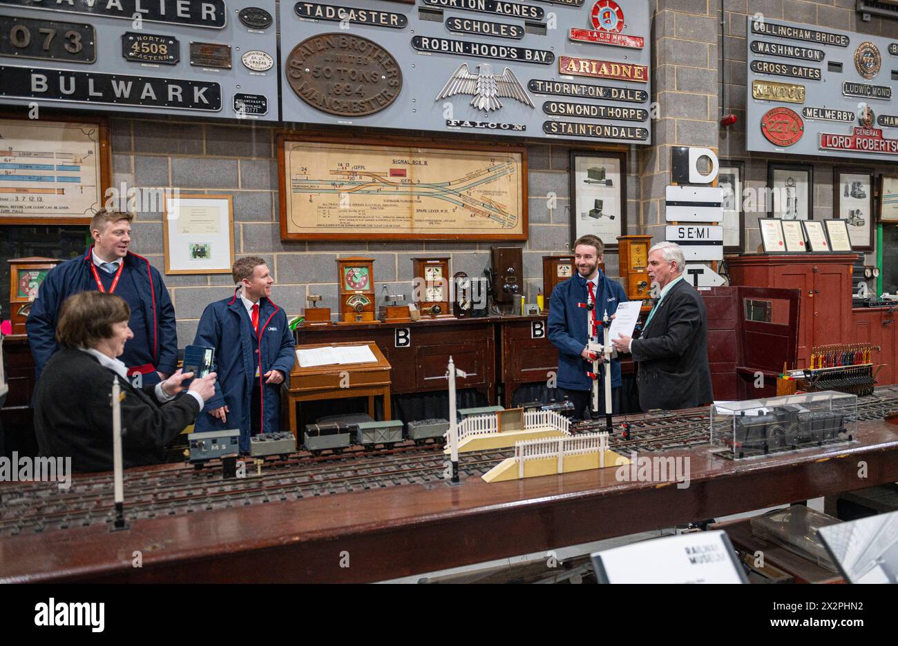 York England United Kingdom 23rd April 2024. At the National Railway Museum in York staff from the LNER rail company receive a tutorial in signaling with the help of historical artifacts from railway history. Stock Photo