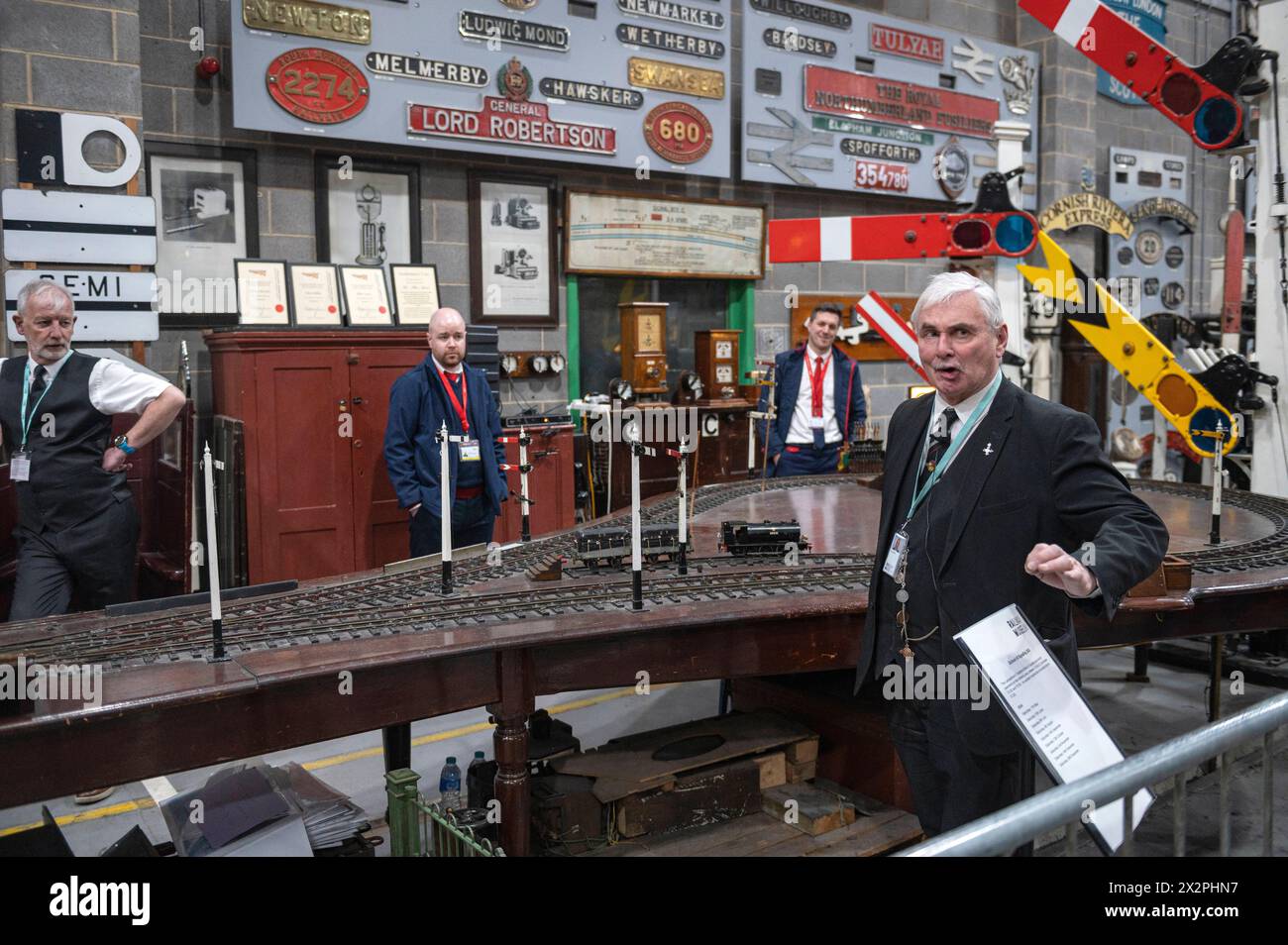 York England United Kingdom 23rd April 2024. At the National Railway Museum in York staff from the LNER rail company receive a tutorial in signaling with the help of historical artifacts from railway history. Stock Photo