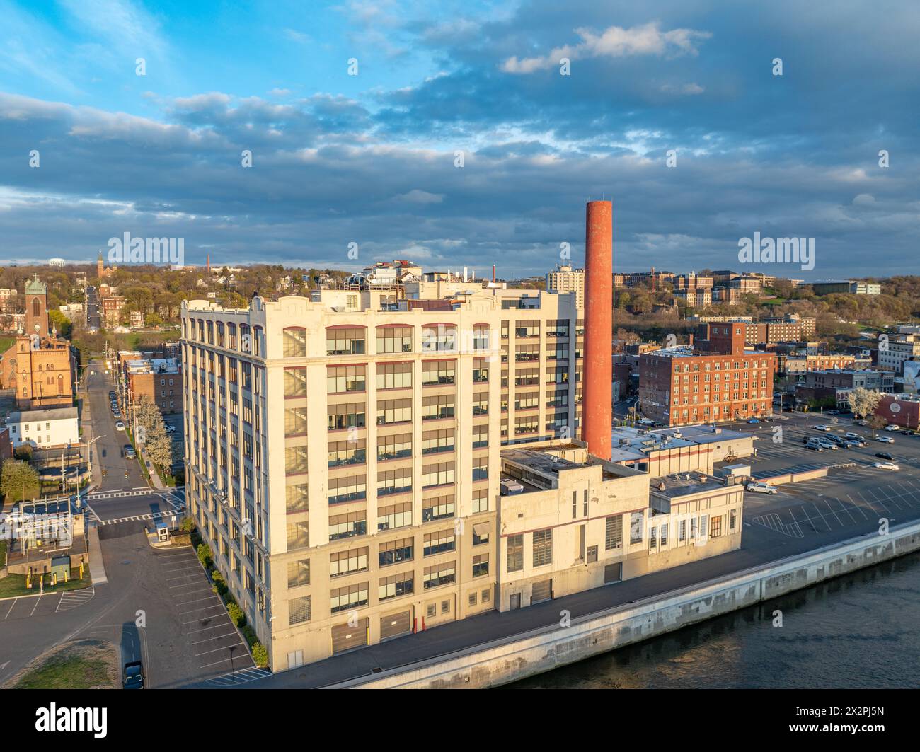 Late afternoon spring aerial view of downtown Troy, NY located on the
