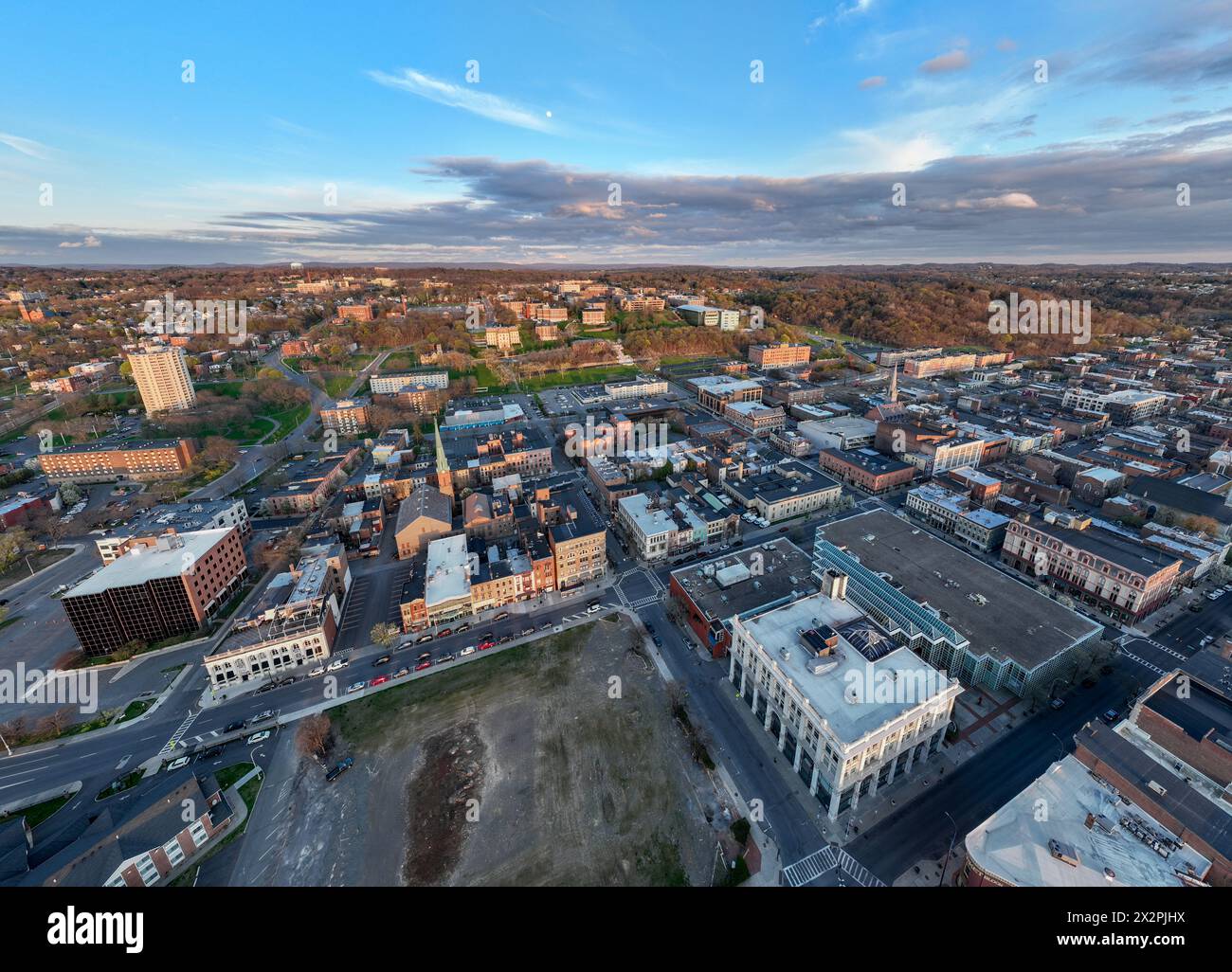 Late afternoon spring aerial view of downtown Troy, NY located on the