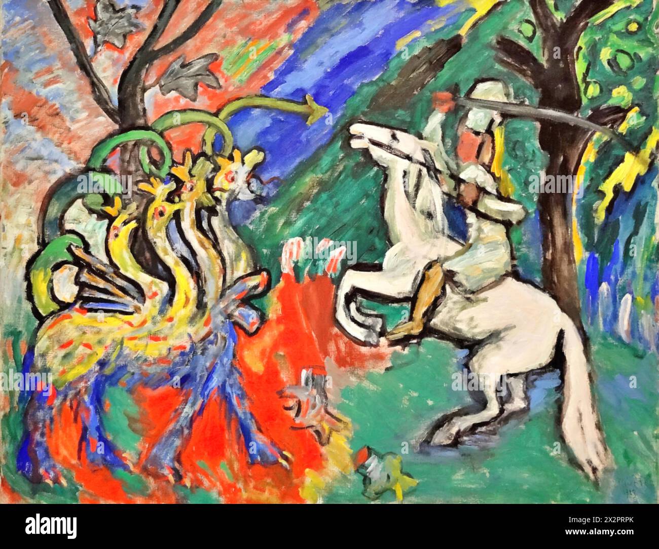 Dragon Fighting (Drachenback), 1913 (Painting) by Artist Mnter, Gabriele (1877-1962) German. Stock Vector