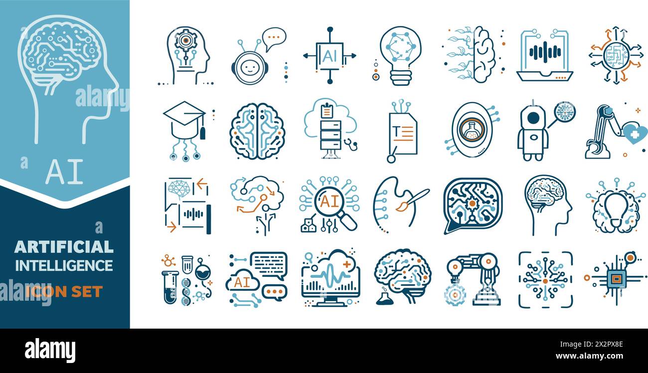 Hand-drawn Icon Set Artificial Intelligence and Technology - Including Assistant - Science - Education - Robotics and More Stock Vector