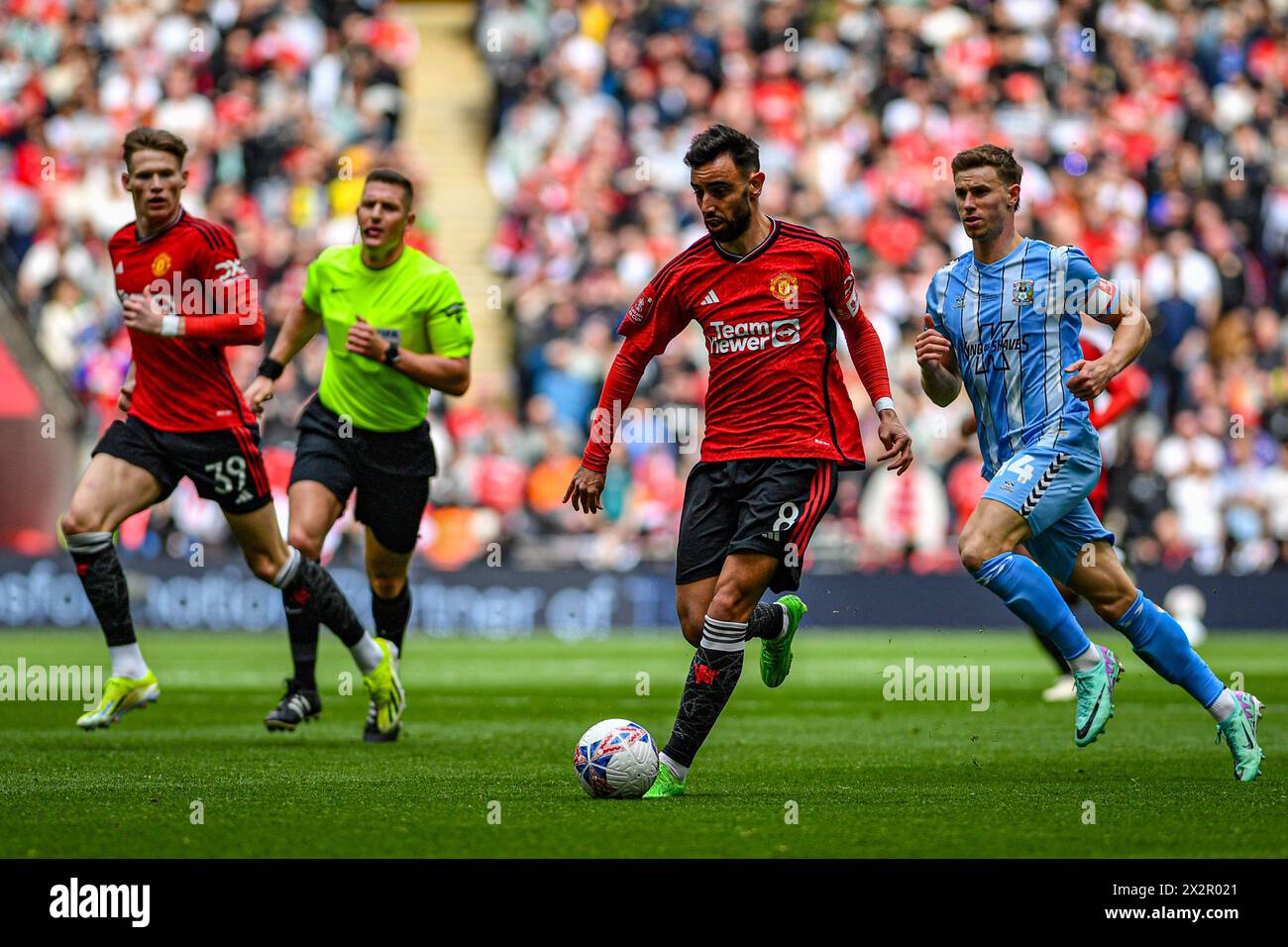 Bruno Fernandes of Manchester United on the ball with Ben Sheaf of Coventry close behind21st April 2024; Wembley Stadium, London, England; FA Cup Semi Final Football, Coventry City versus Manchester United; Stock Photo