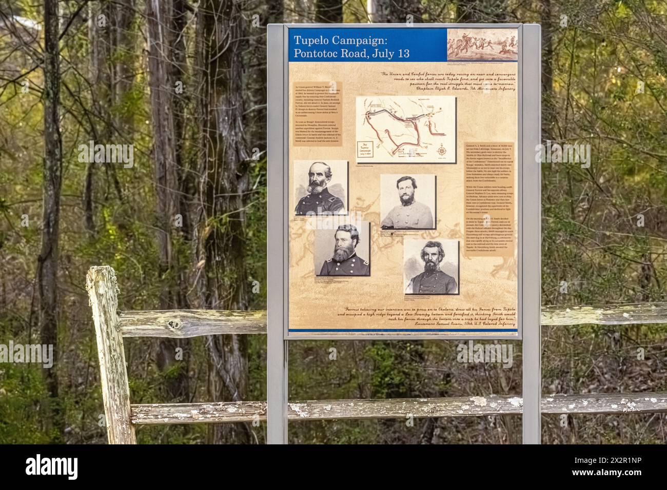 Historical marker sign for the American Civil War battle during the Tupelo Campaign at Potontac Road on July 13, 1864. (USA) Stock Photo