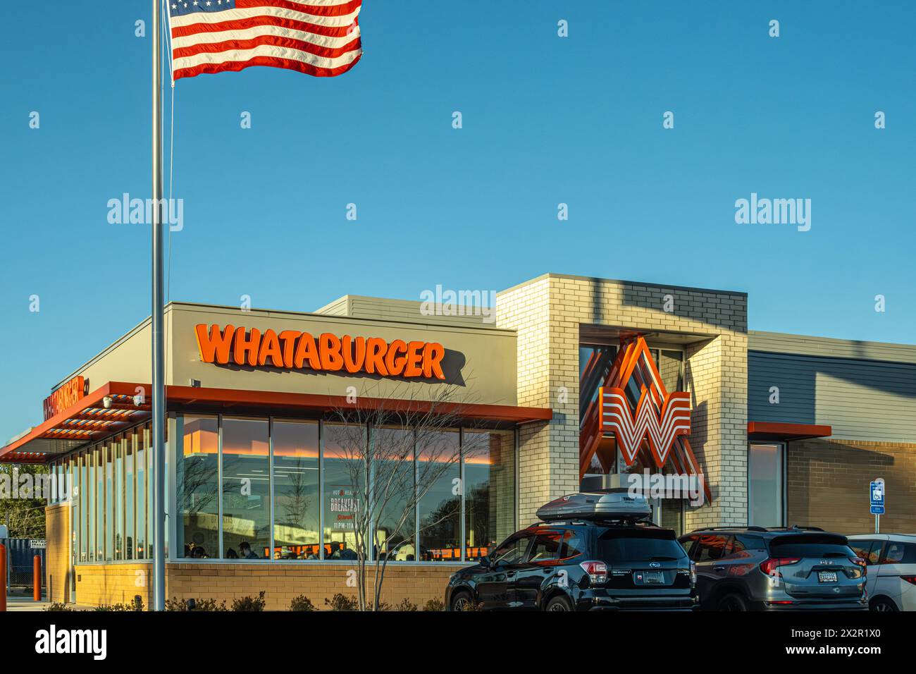 Whataburger fast food hamburger restaurant at sunset in Snellville, Georgia. (USA) Stock Photo