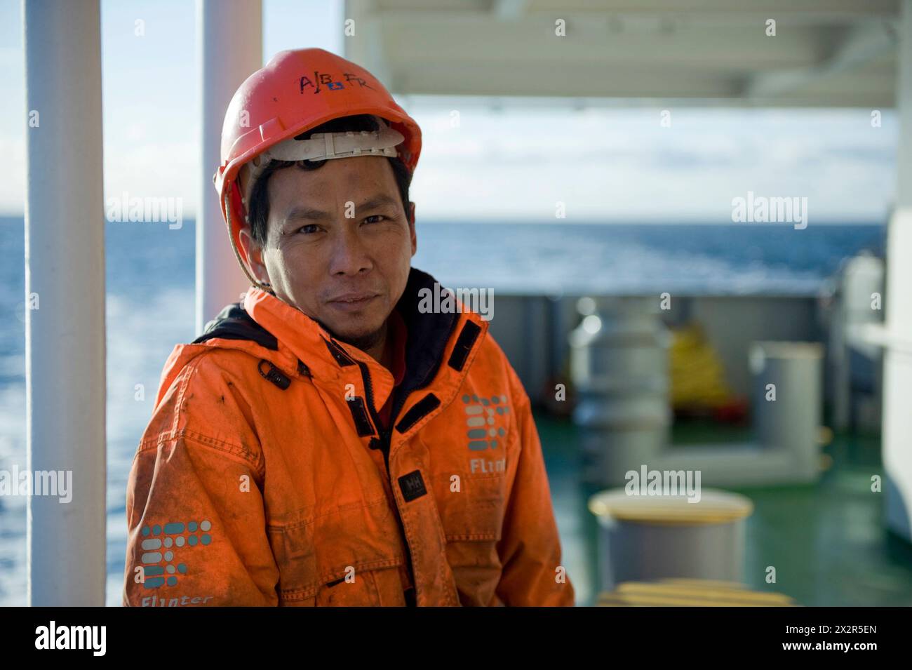 Able Seasman on Deck Able Seaman from the Philippines on Deck of Container Vessel MS Flintercape during a voyage from Port of Rotterdam Harbour towards the Docks of Sundsvall, Sweden. MRYES Rotterdam NLD - Sundsvall SE Containervessel MS Flintercape Noordzee, Baltische Zee, Golf va Netherlands Copyright: xGuidoxKoppesxPhotox Stock Photo