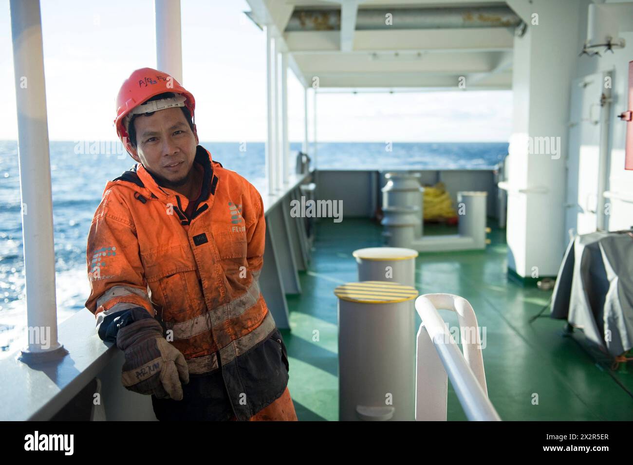 Able Seasman on Deck Able Seaman from the Philippines on Deck of Container Vessel MS Flintercape during a voyage from Port of Rotterdam Harbour towards the Docks of Sundsvall, Sweden. MRYES Rotterdam NLD - Sundsvall SE Containervessel MS Flintercape Noordzee, Baltische Zee, Golf va Netherlands Copyright: xGuidoxKoppesxPhotox Stock Photo