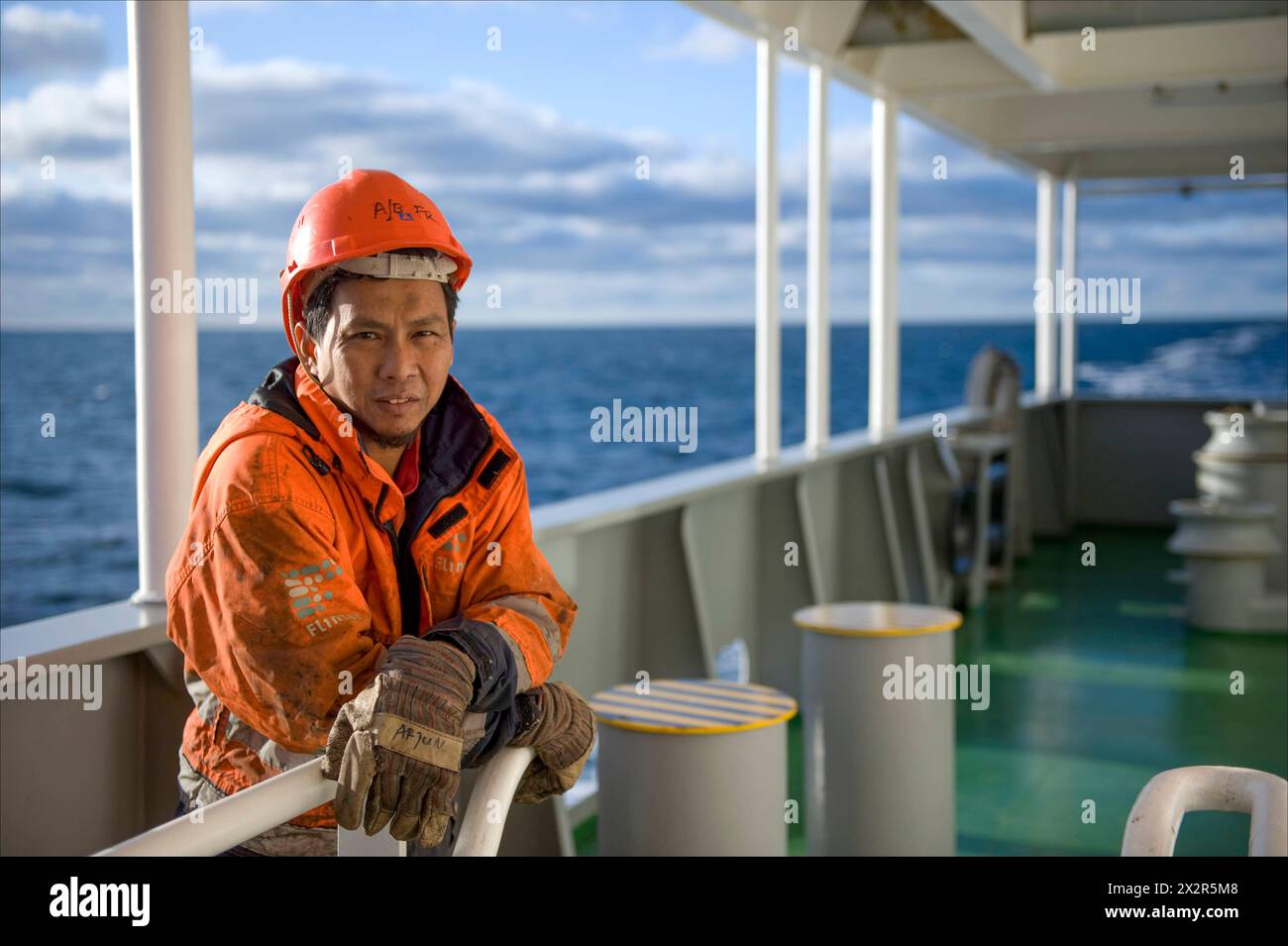 Able Seasman on Deck Able Seaman from the Philippines on Deck of Container Vessel MS Flintercape during a voyage from Port of Rotterdam Harbour towards the Docks of Sundsvall, Sweden. MRYES Rotterdam NLD - Sundsvall SE Containervessel MS Flintercape Noordzee, Baltische Zee, Golf va Netherlands Copyright: xGuidoxKoppesxPhotox Stock Photo