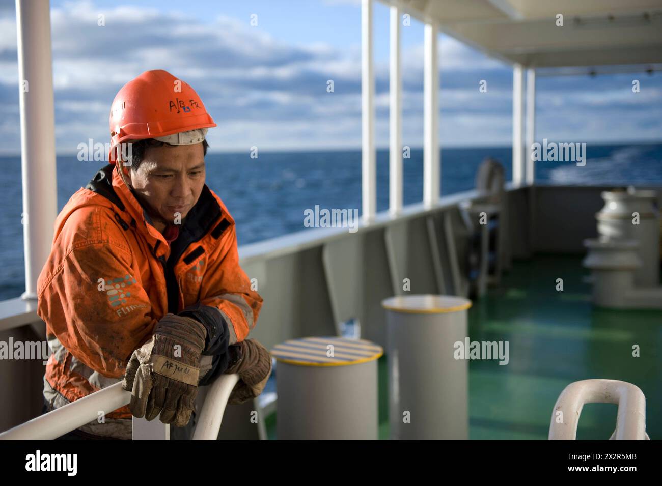 Able Seasman on Deck Able Seaman from the Philippines on Deck of Container Vessel MS Flintercape during a voyage from Port of Rotterdam Harbour towards the Docks of Sundsvall, Sweden. MRYES Rotterdam NLD - Sundsvall SE Containervessel MS Flintercape Noordzee, Baltische Zee, Golf va Netherlands Copyright: xGuidoxKoppesxPhotox Stock Photo