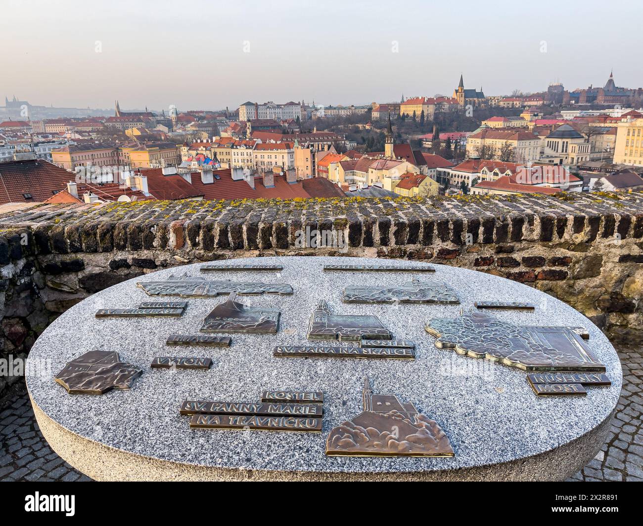 Panorama of Prague in background with information board with the names of points of interests Stock Photo