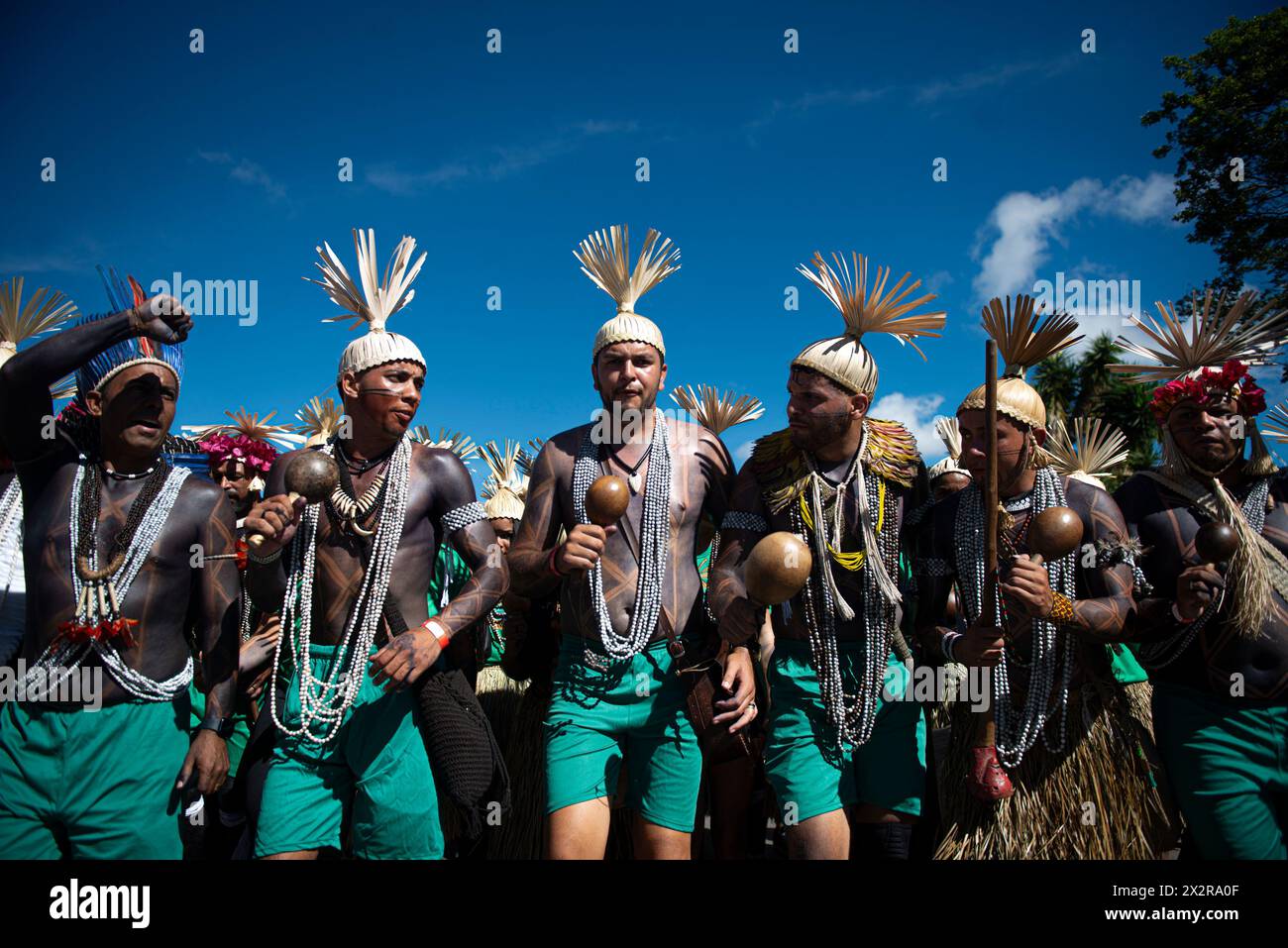 23 April 2024, Brazil, Brasília: Indigenous peoples are taking part in a major mobilization under the slogan 'Our rights are non-negotiable' and are demanding the clear designation of protected areas. Peoples from all regions of the country marched to the congress as part of the 'Terra Livre' (Free Land) camp. Photo: Matheus Alves/dpa Stock Photo