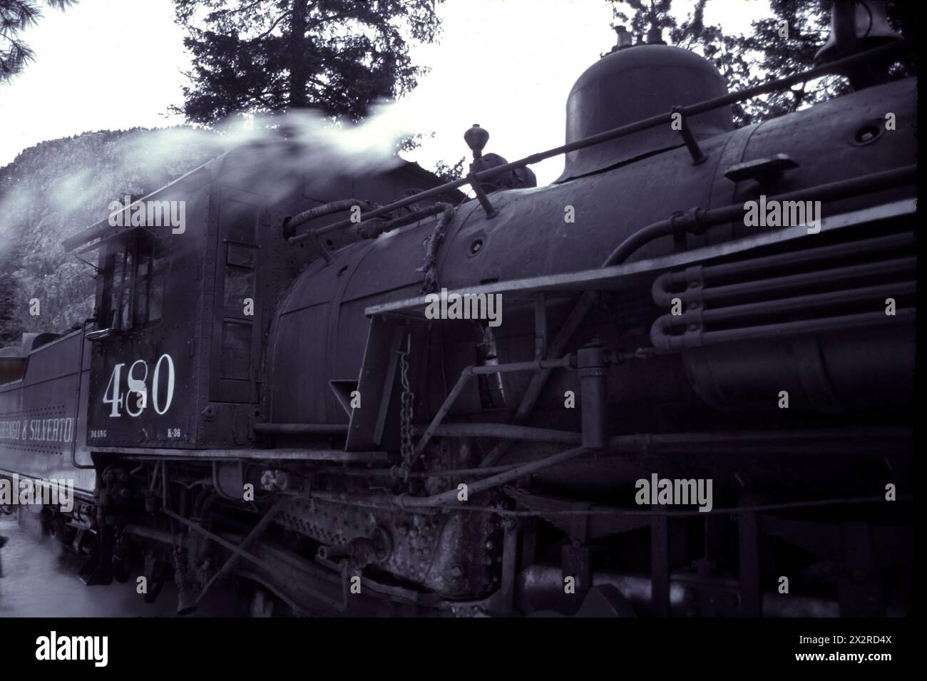 Working Durango & Silverton locomotive parked with steam in a mountain forest monochrome grade. Stock Photo