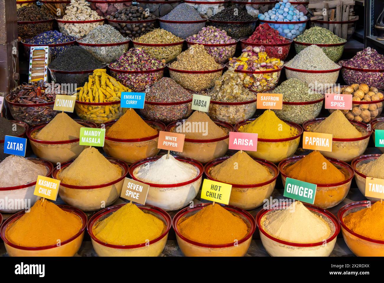 A Variety Of Spices, Herbs, Dried Fruit And Nuts At An Arab Street Market Stall, Dubai , United Arab Emirates, Asia Stock Photo