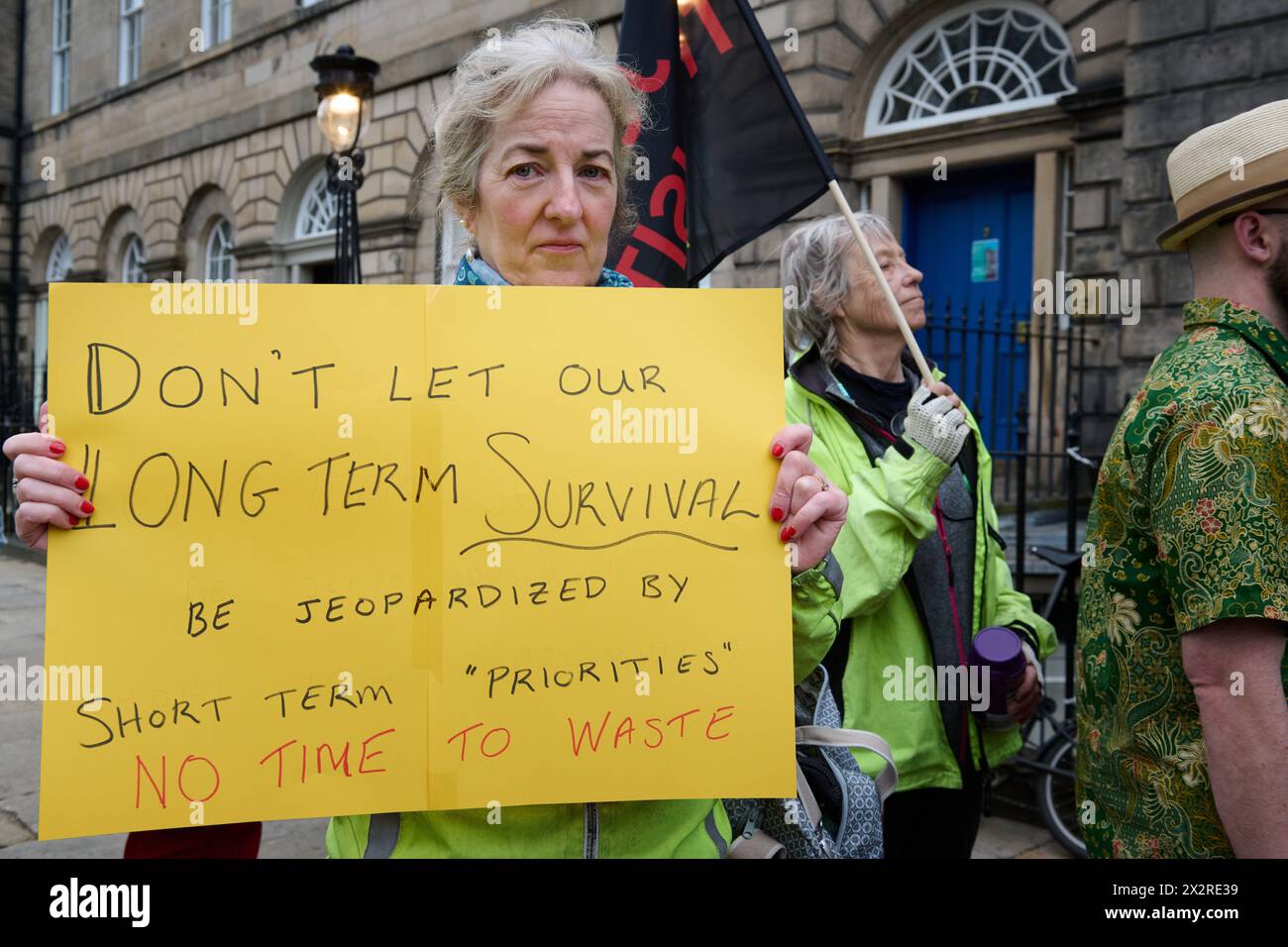 Edinburgh Scotland, UK 23 April 2024.  Climate campaigners outside Bute House protest following the Scottish Government  CO2  emission targets being set back. credit sst/alamy live news Stock Photo