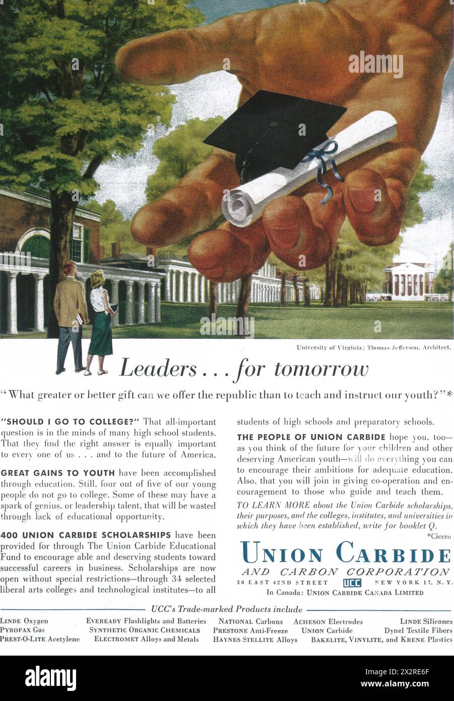 1950s Union Carbide corporation ad - College scholarships Stock Photo
