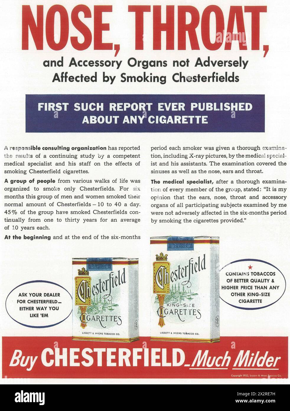 1952 Chesterfield cigarettes ad - 'Nose, throat...are not affected by smoking cigarettes...Medical specialist stated ' Stock Photo