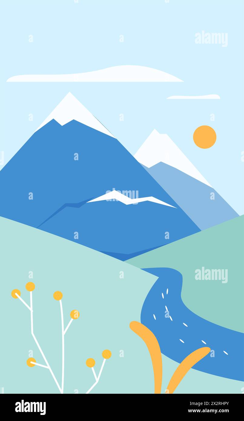 Abstract landscape of mountains with snow peak, plants and blue river between green hills vector illustration Stock Vector