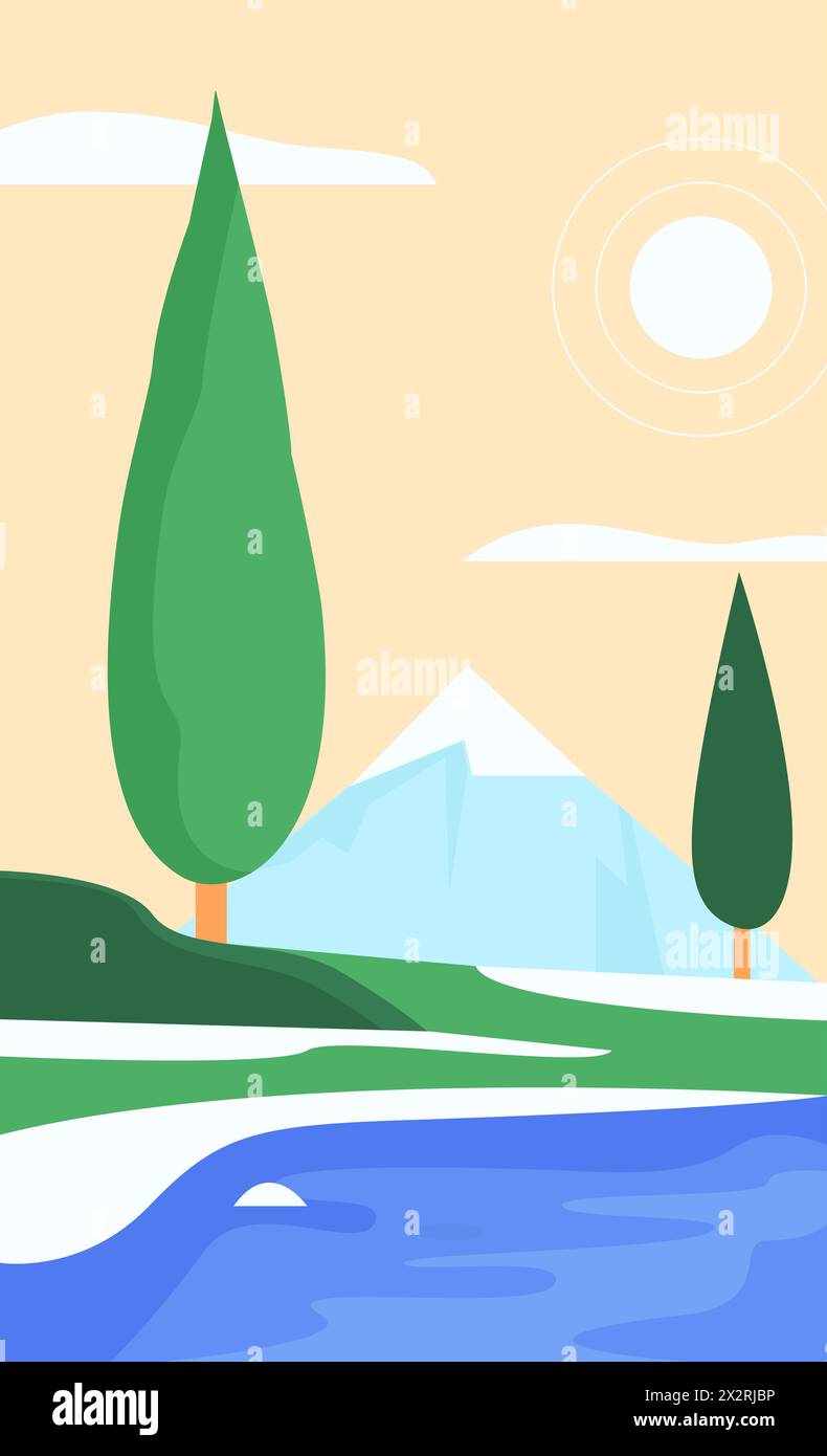 Abstract minimalist river landscape with green tree near blue water ...