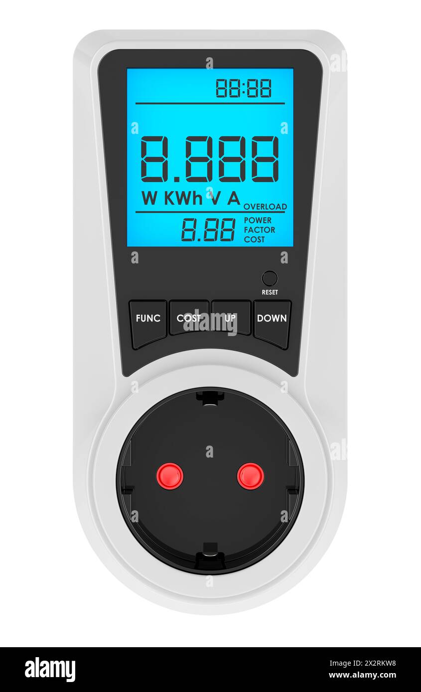 White Watt Meter, Plugin Socket Power Meter, Auto Cost Calculator, 3D rendering isolated on